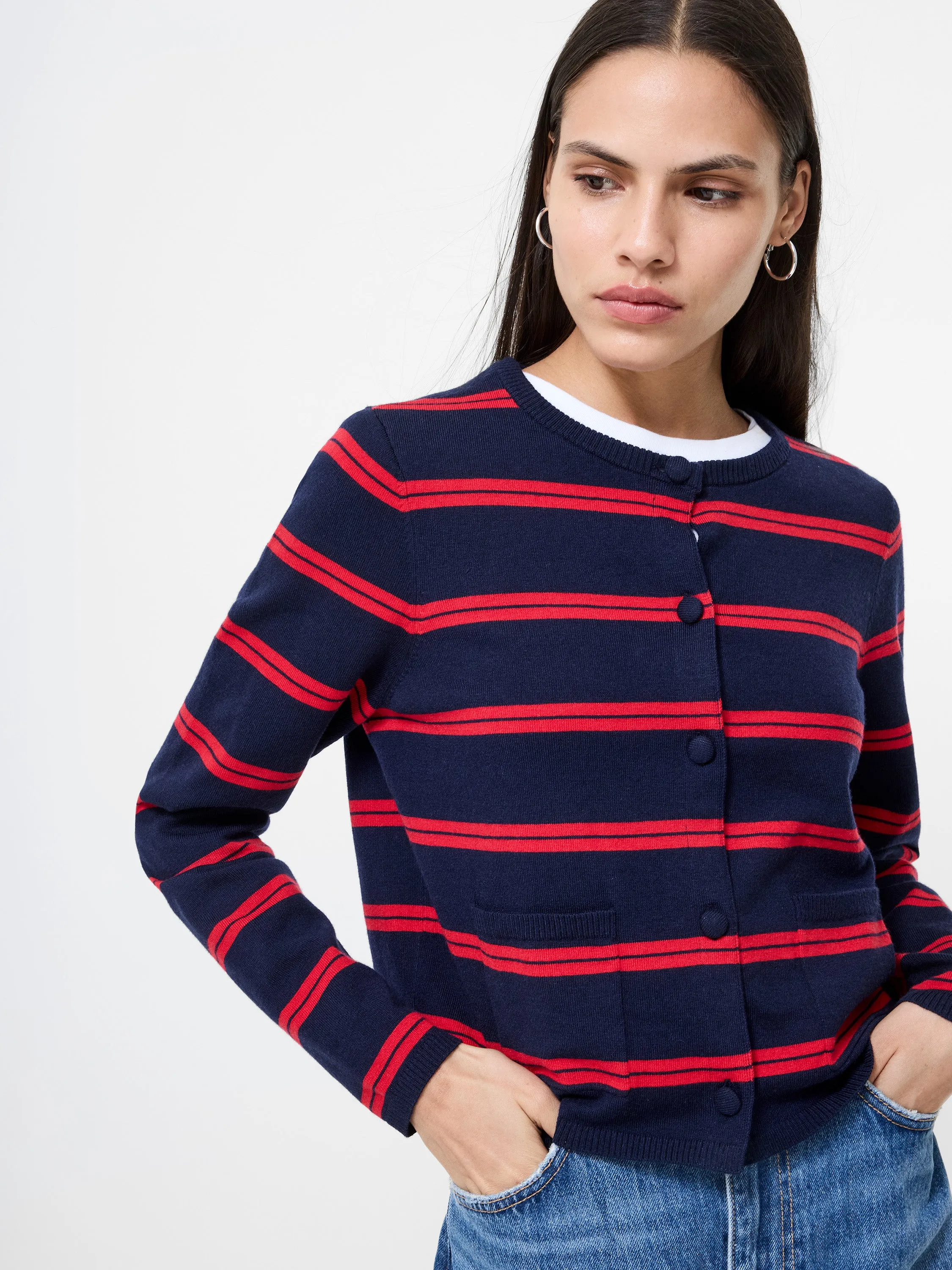 Layered Knit Design Layered Ventilation Design Padma Fine Knit Striped Cardigan