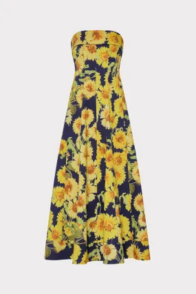 Stain-Resistant Palmer Sunflower Poplin Strapless Maxi Dress
