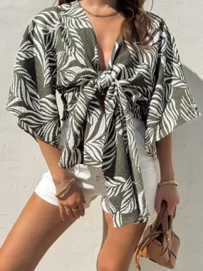 Modern Touch NonRestrictive Cuff Palms Tie Front Top in Olive - Final Sale