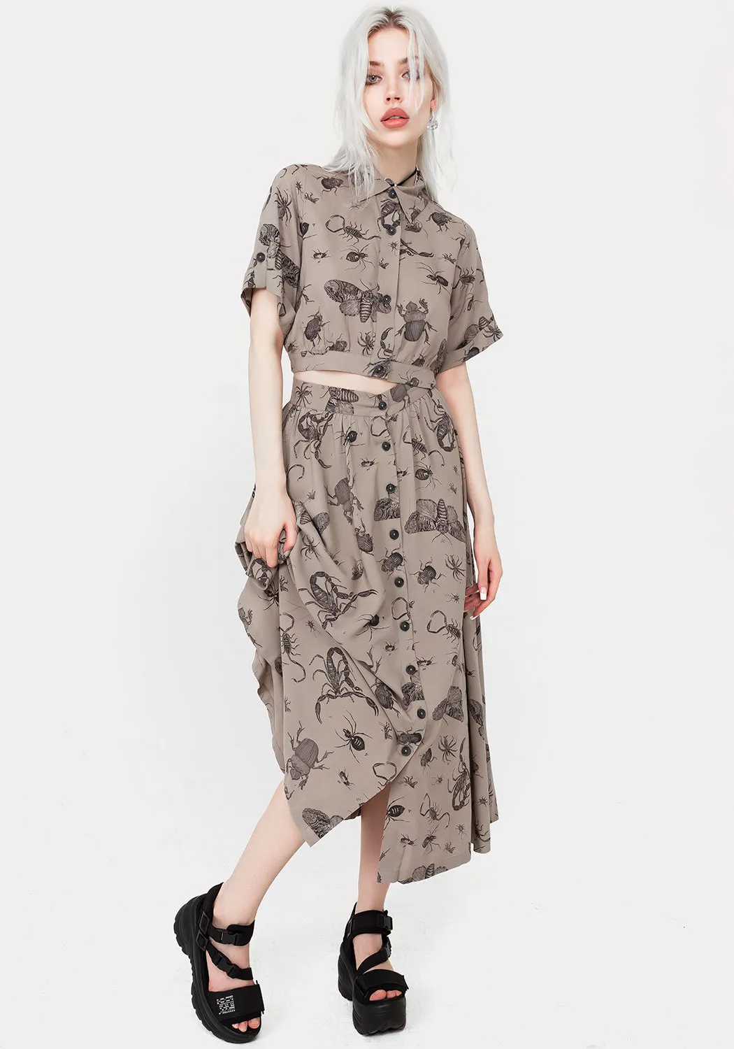 Parasite Bugs Print Crop Short Sleeve Shirt - Taupe DurableBlend