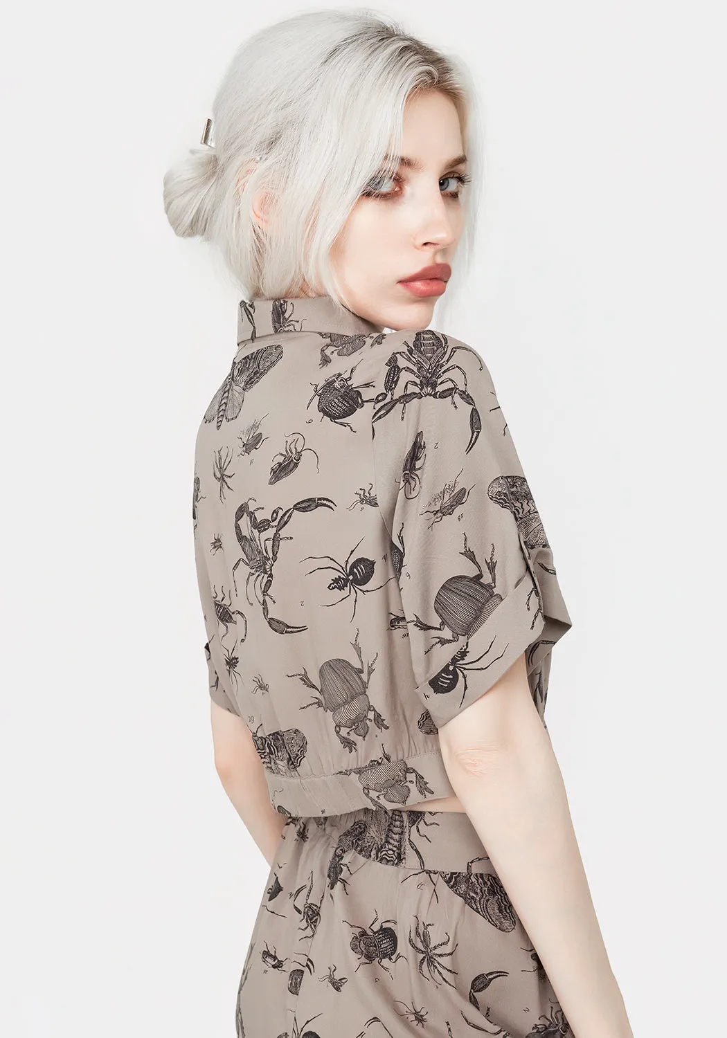 Parasite Bugs Print Crop Short Sleeve Shirt - Taupe Non Irritating Label
