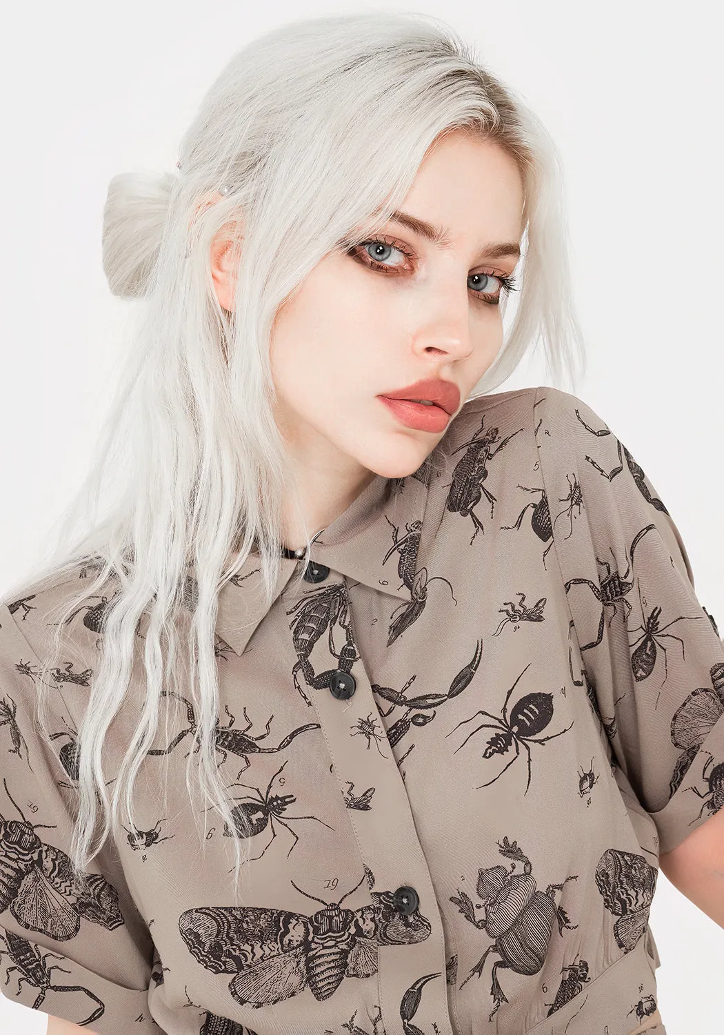 Parasite Bugs Print Crop Short Sleeve Shirt - Taupe Cozy Knit Reversible Layering Tech