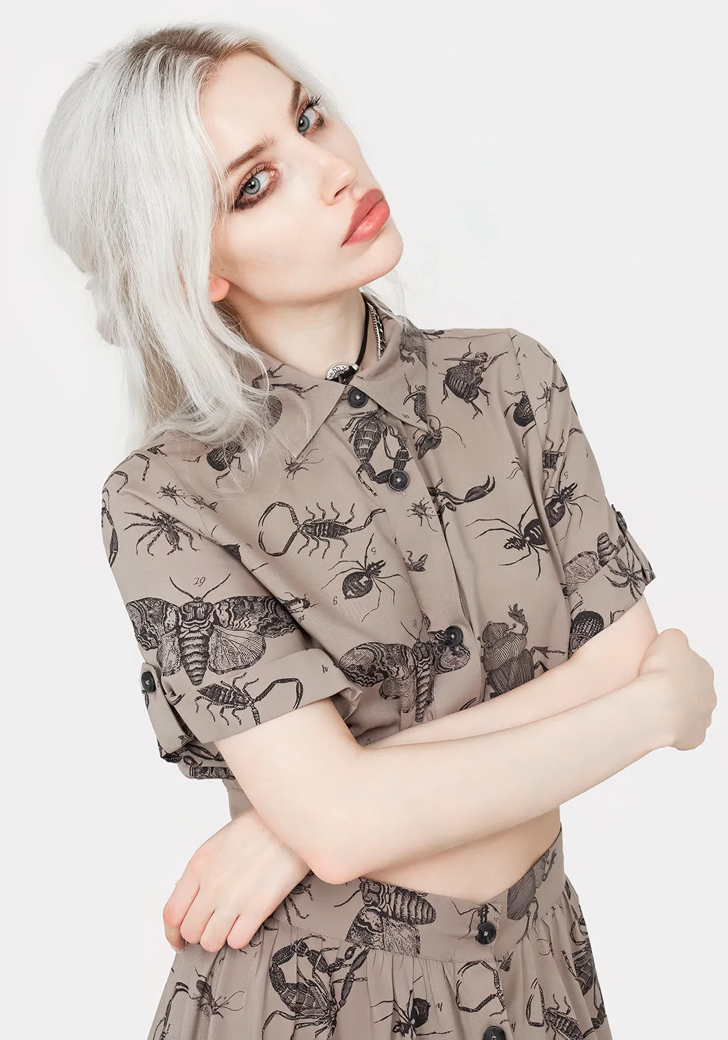 Parasite Bugs Print Crop Short Sleeve Shirt - Taupe Summer Sweater