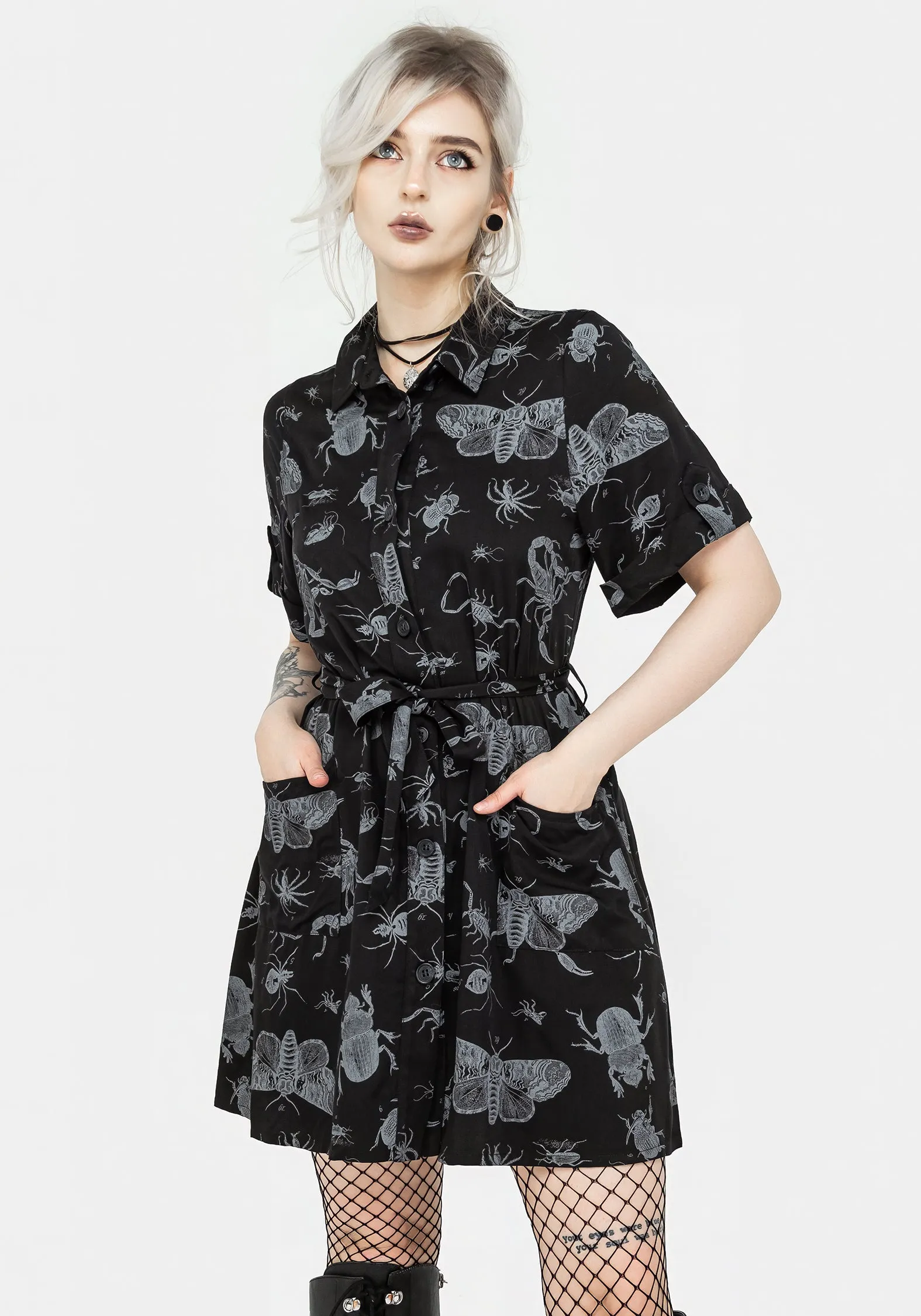 Elegant Piece Parasite Bugs Short Sleeve Mini Shirt Dress - Black