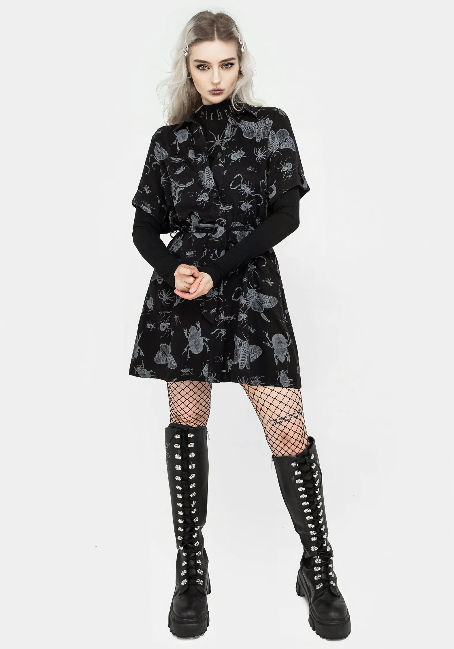 Parasite Bugs Short Sleeve Mini Shirt Dress - Black Art Inspired Comfy Yet Stylish