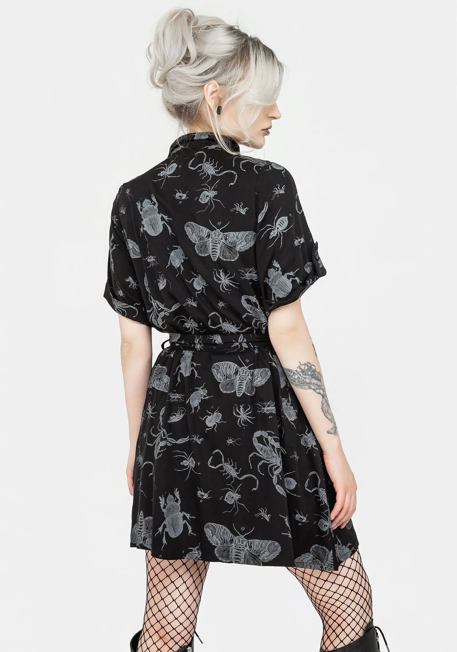 Parasite Bugs Short Sleeve Mini Shirt Dress - Black Perfect Layers Durable-Fabric