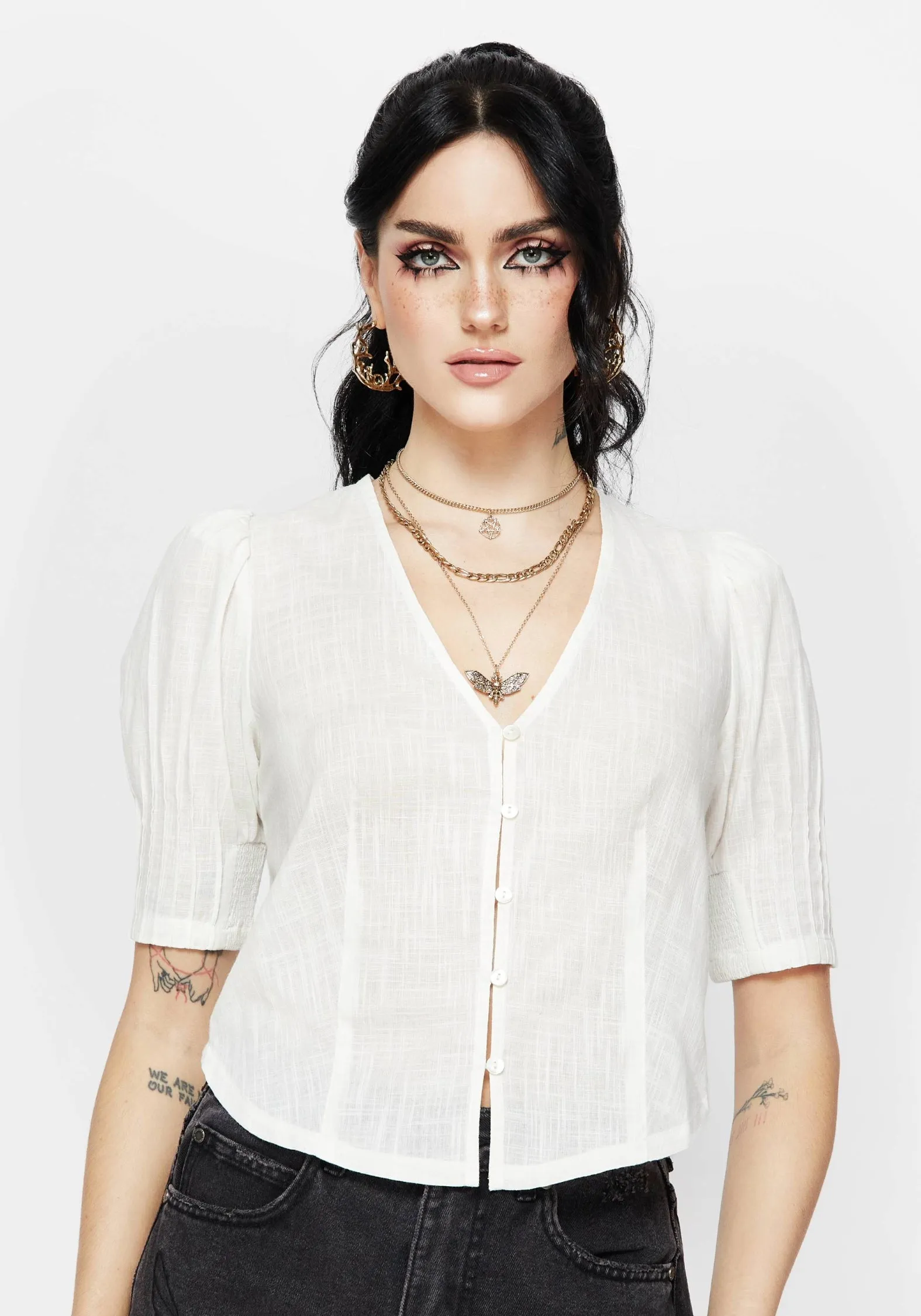 Breathable fabric Relaxed Silhouette Parilia Cotton V Neck Blouse Top