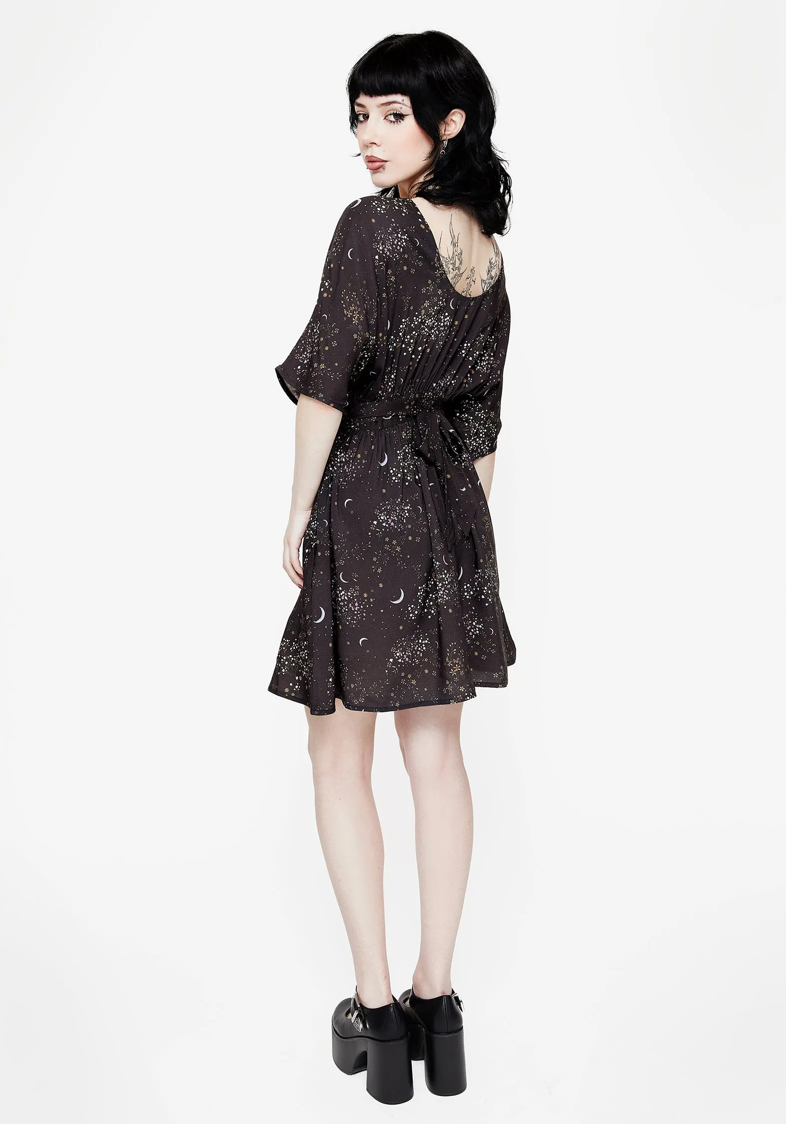 Soft Tones FlatlockSeam Peaseblossom Celestial Tie Back Mini Dress