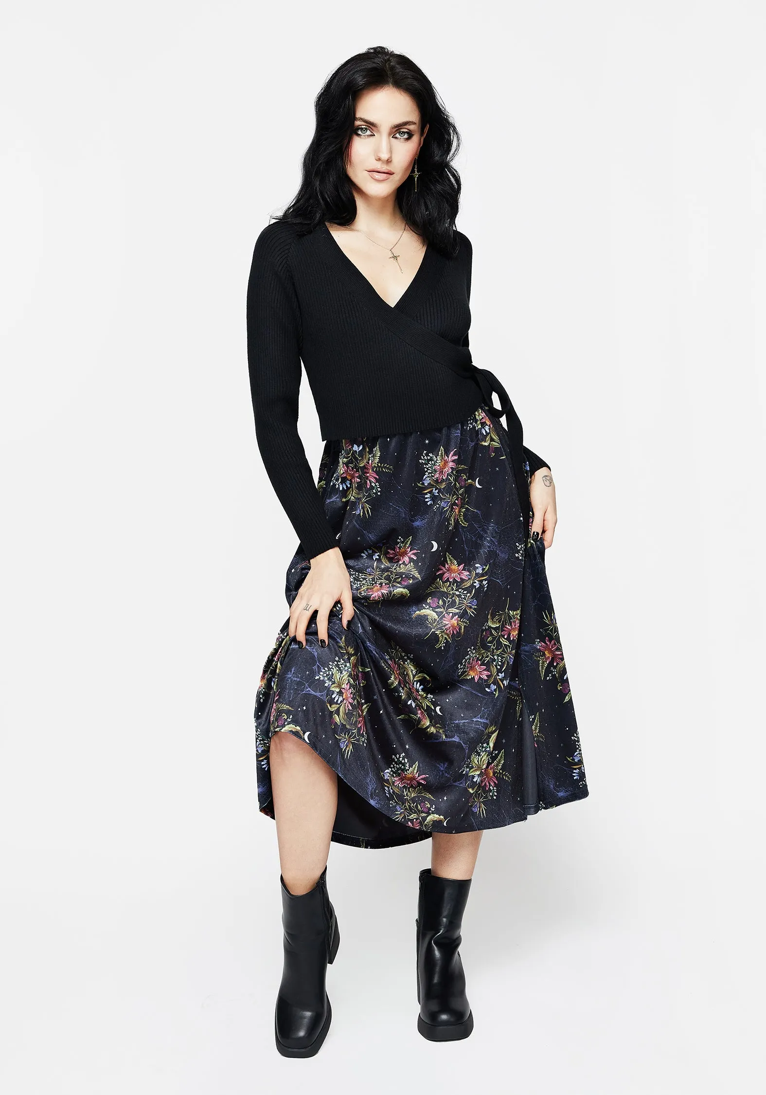 Light Wear Cleome Floral Spiderweb Velour Midi Skirt