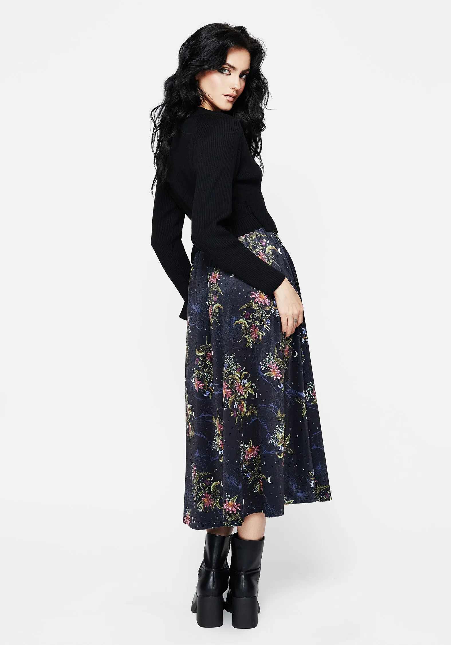 Moisture Wicking Textile Light Wear Cleome Floral Spiderweb Velour Midi Skirt