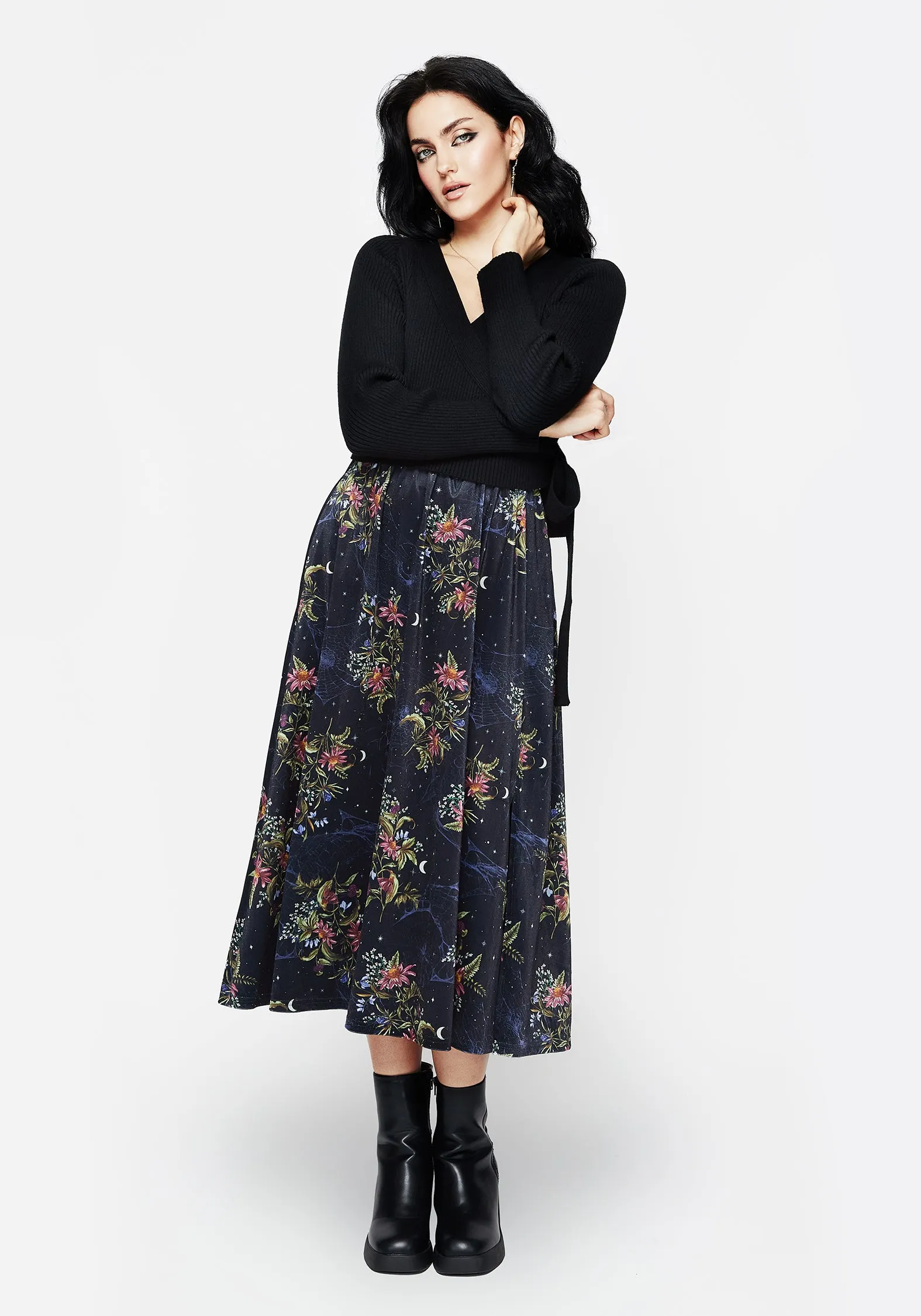 Cleome Floral Spiderweb Velour Midi Skirt FrictionResistantEdging