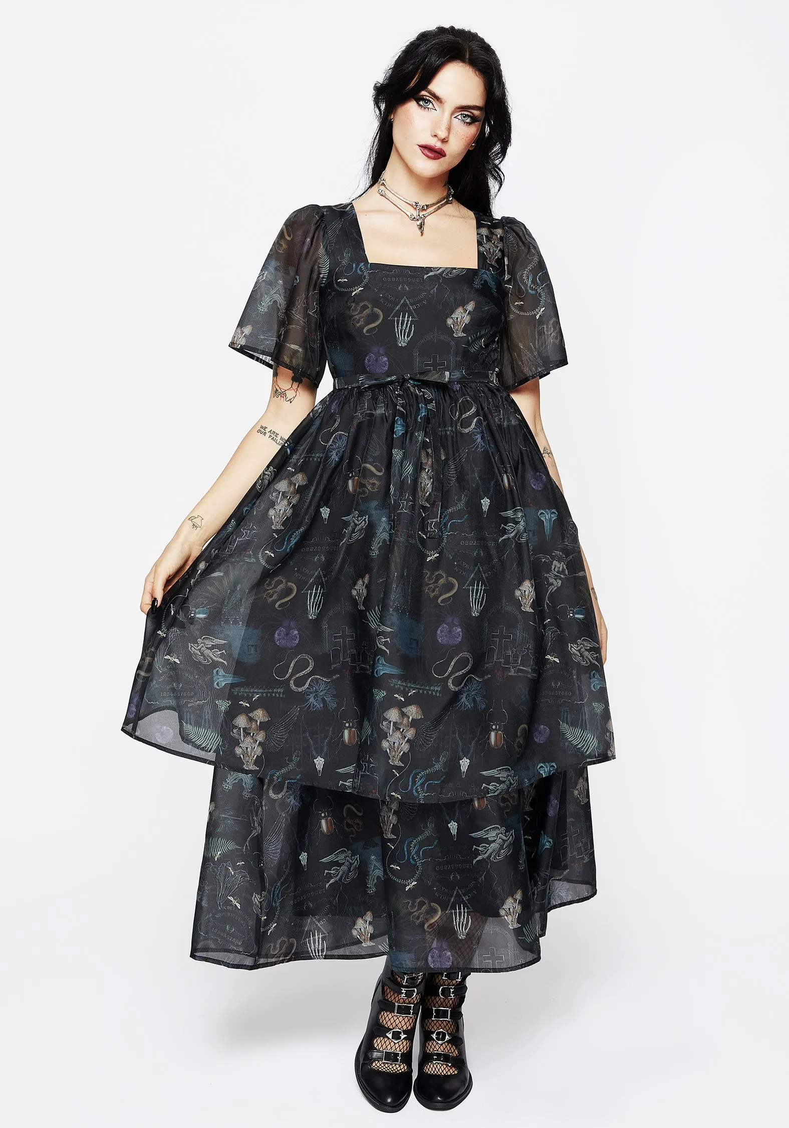 Maudeline Victoriana Print Layered Organza Midaxi Dress Euro Touch