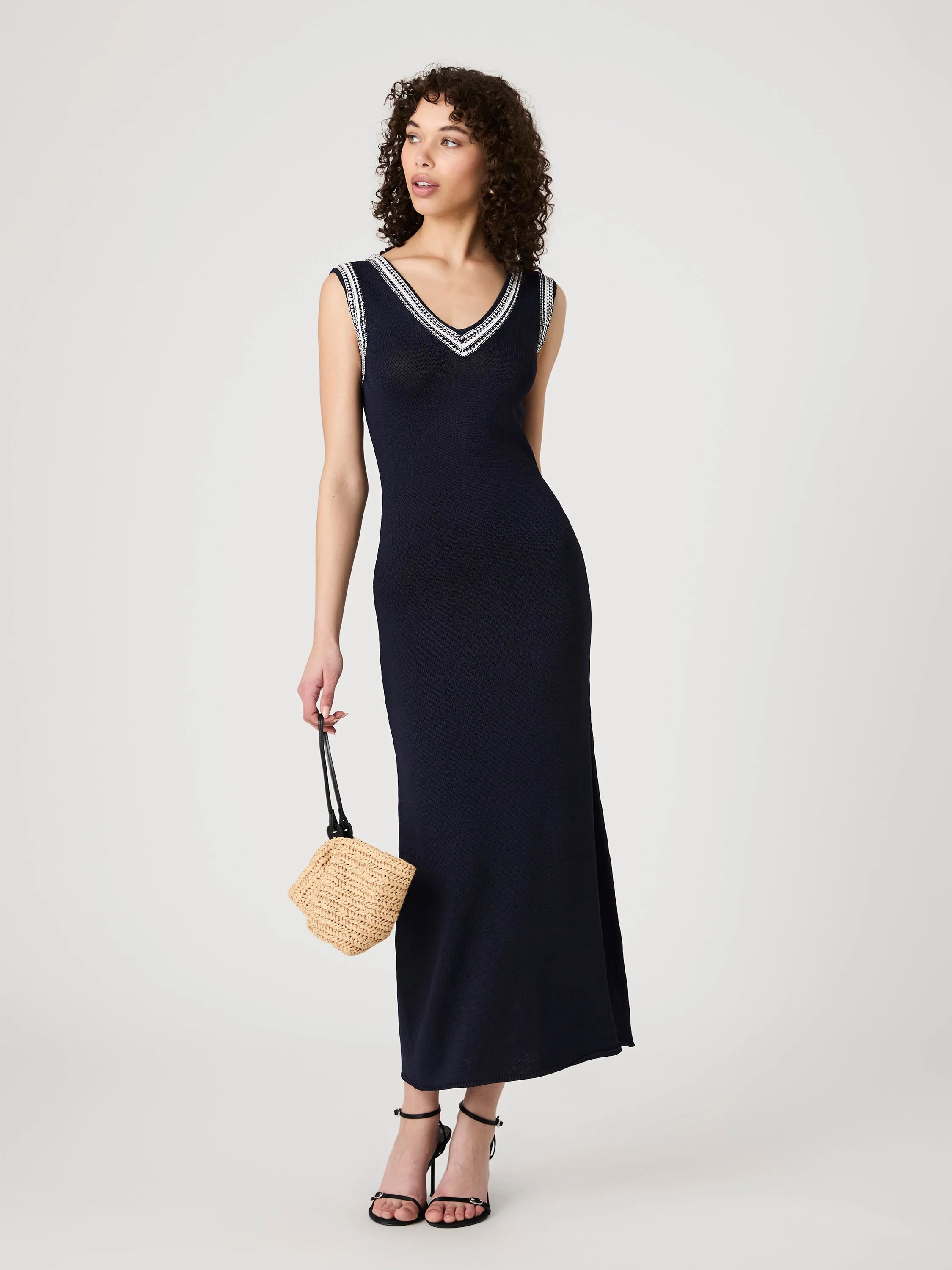 Sage Knit V-Neck Midi Dress Shiny surface Movement Friendly