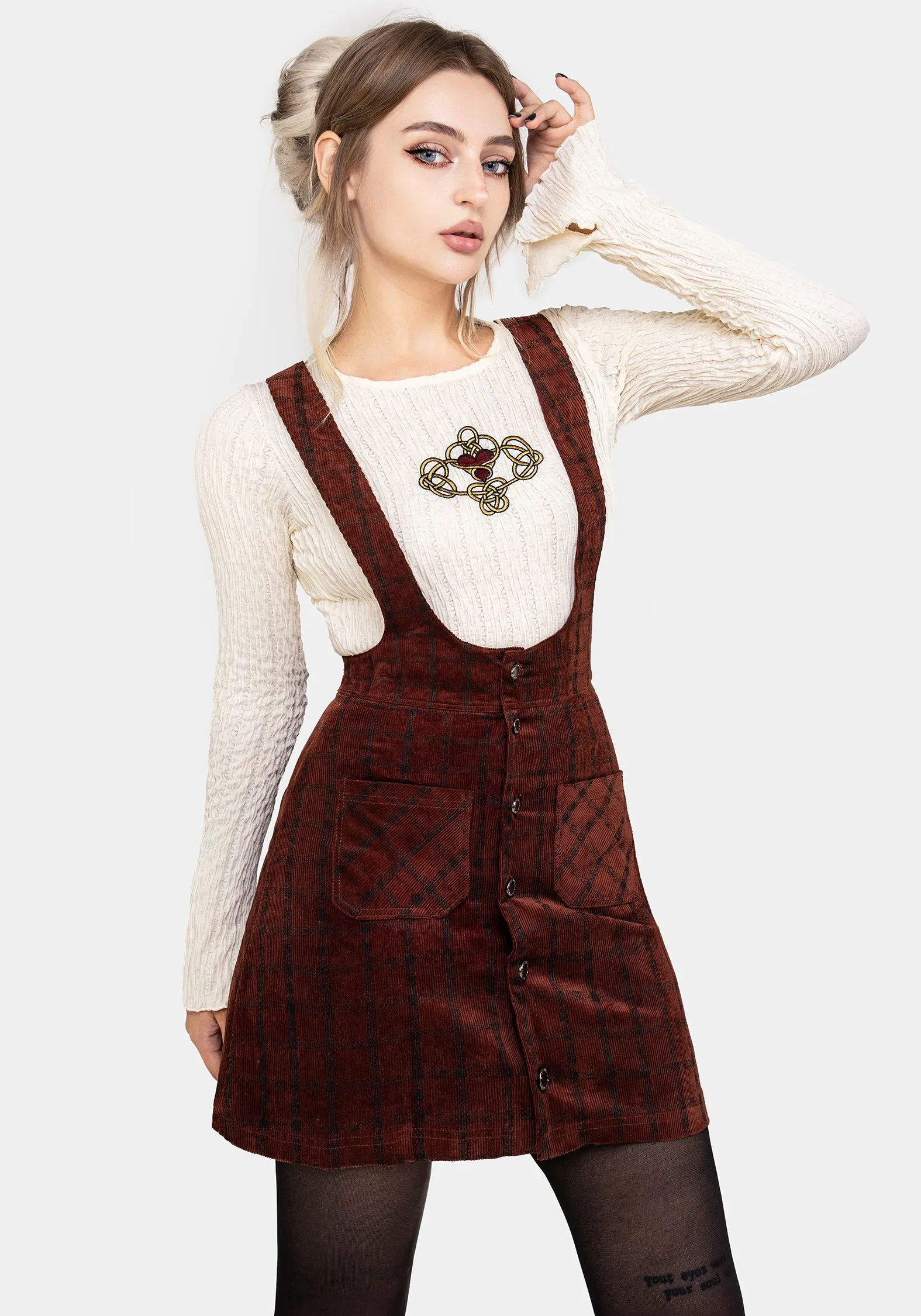 Terracotta Check Cord Mini Pinafore Skirt Comfy Fit Flowy Drape