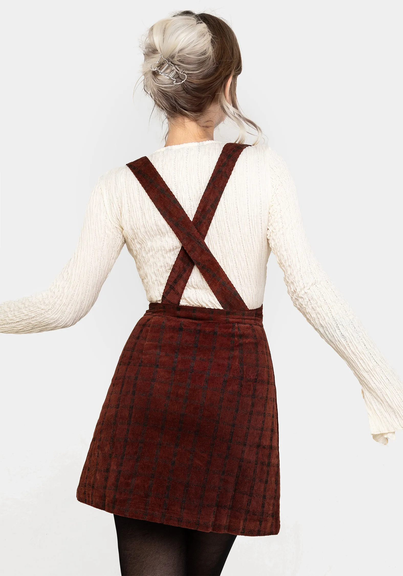 Terracotta Check Cord Mini Pinafore Skirt Modern Details Clean Outfit
