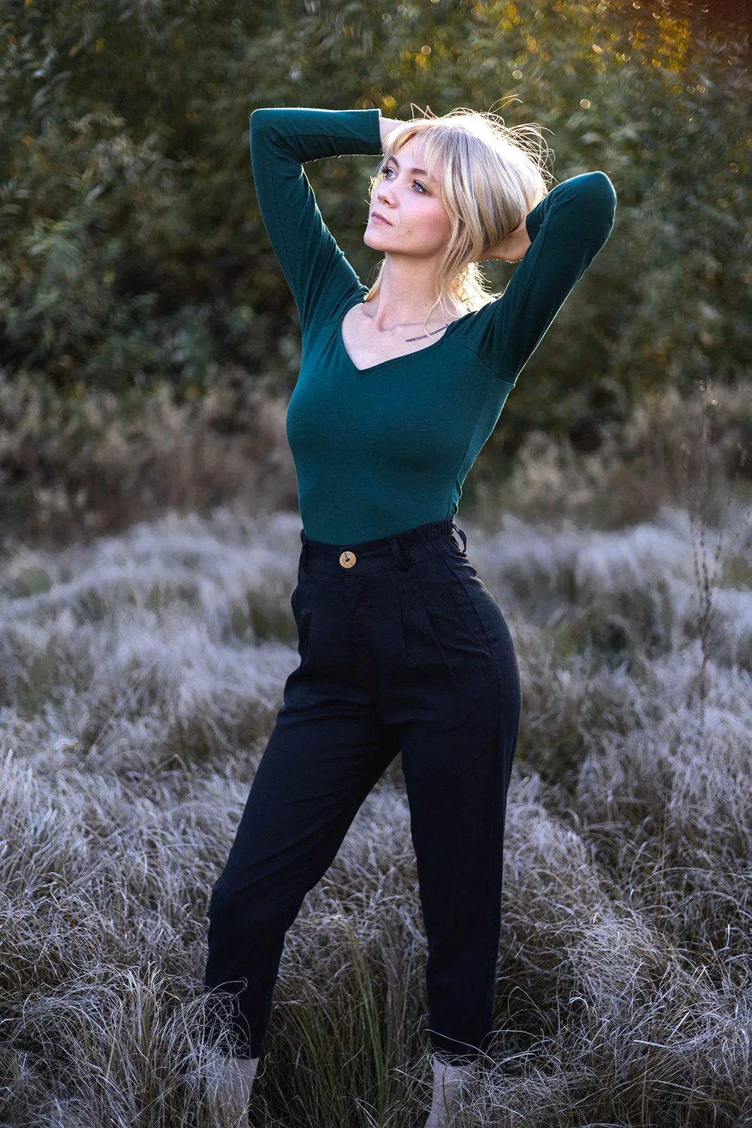 DoubleLayeredHem Perfect Pant in Black Linen