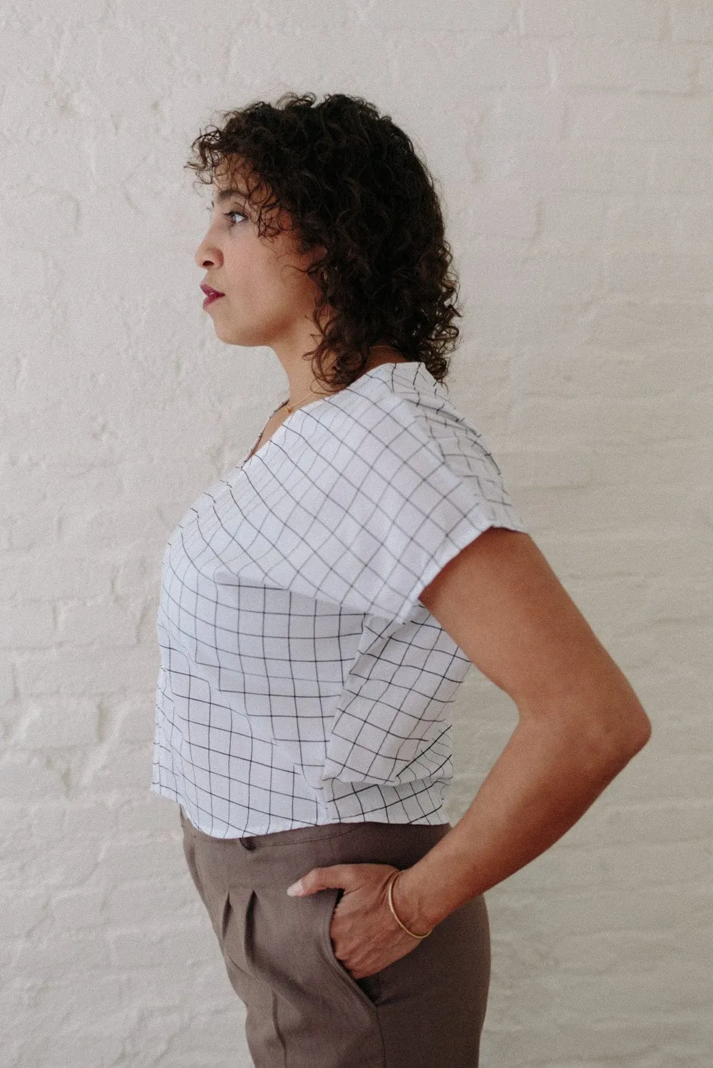 Stretch Knit Technology Dolman Top in White Squares