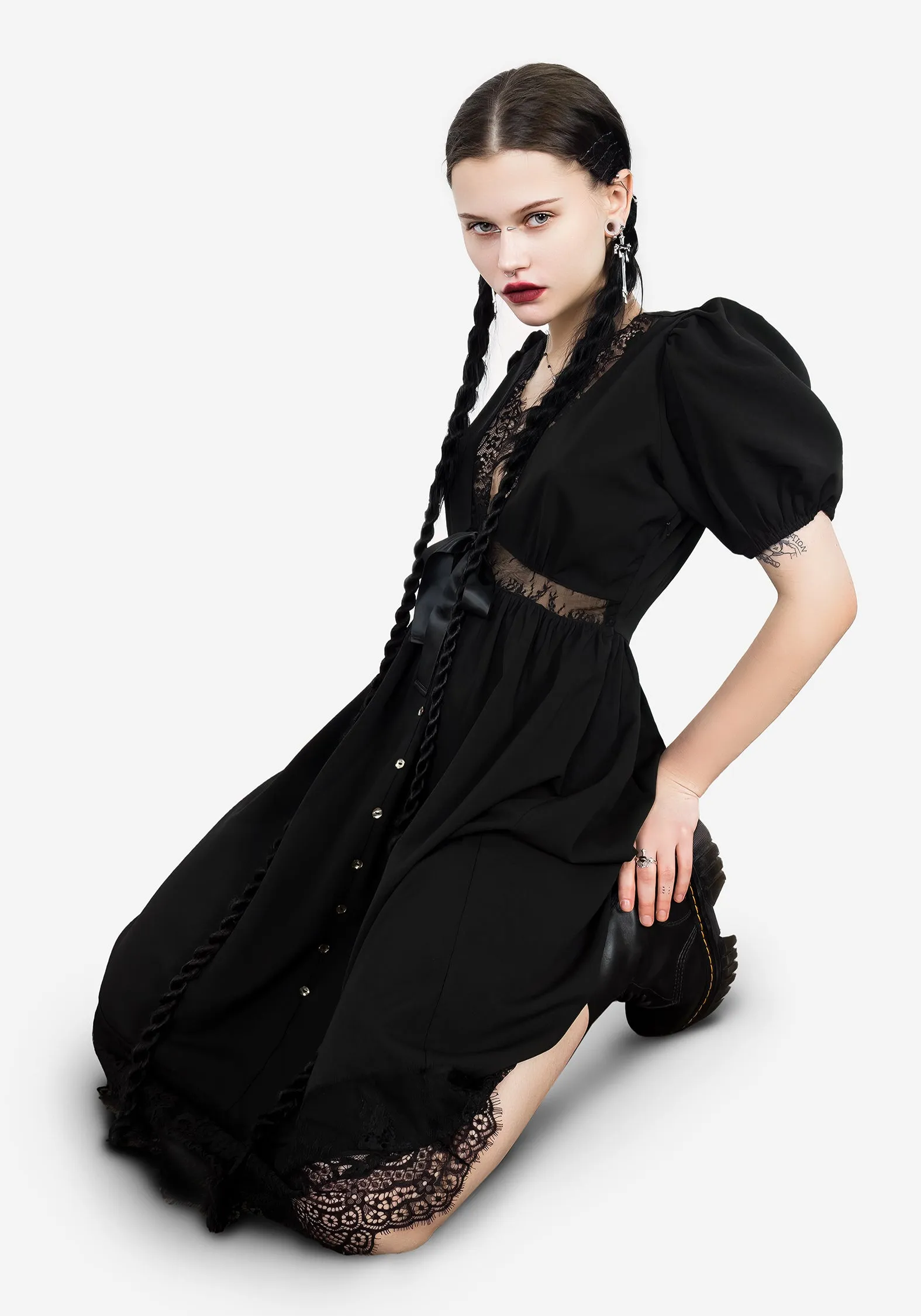 Relaxed Comfort Mortuary Lace Button Up Midi Dress