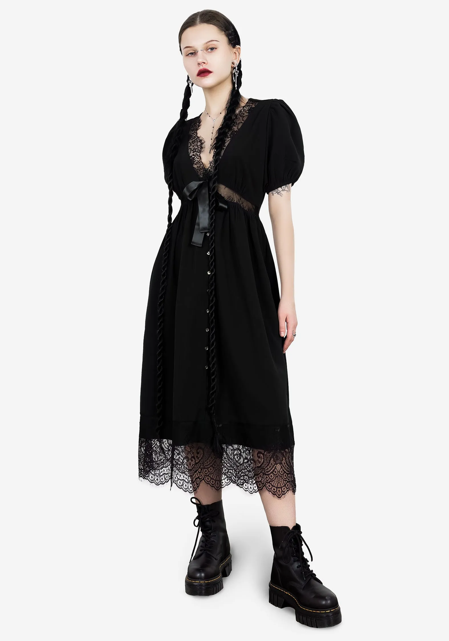 Flow Friendly Fresh Combo Mortuary Lace Button Up Midi Dress