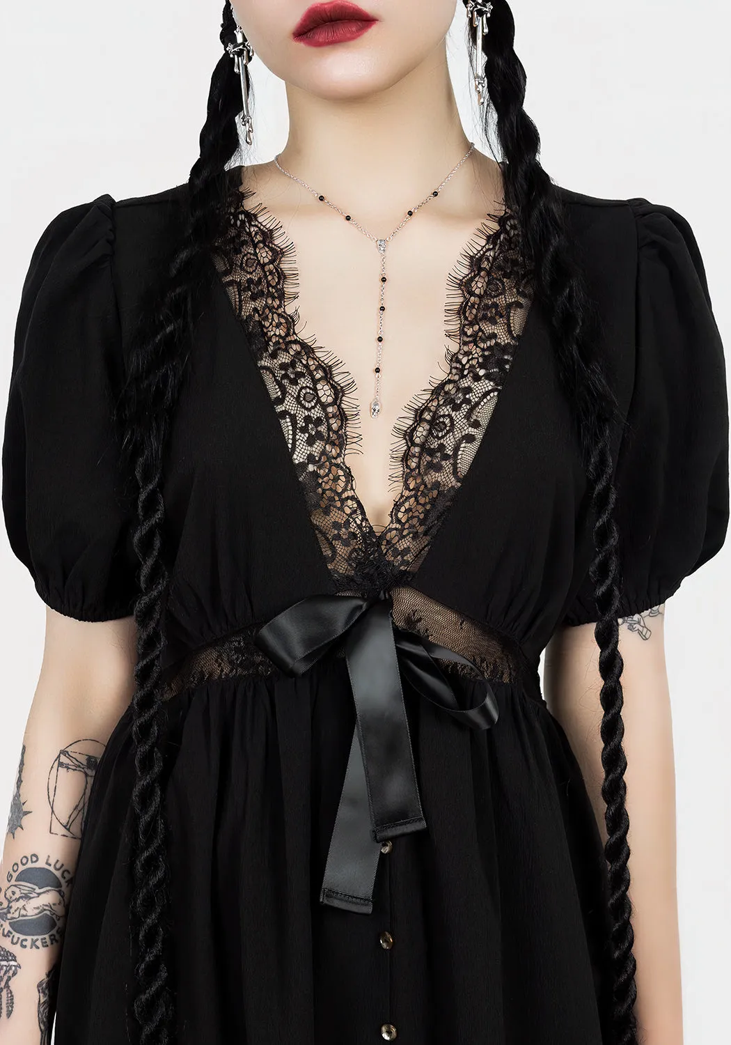 Flattering wear Charming Wardrobe Mortuary Lace Button Up Midi Dress