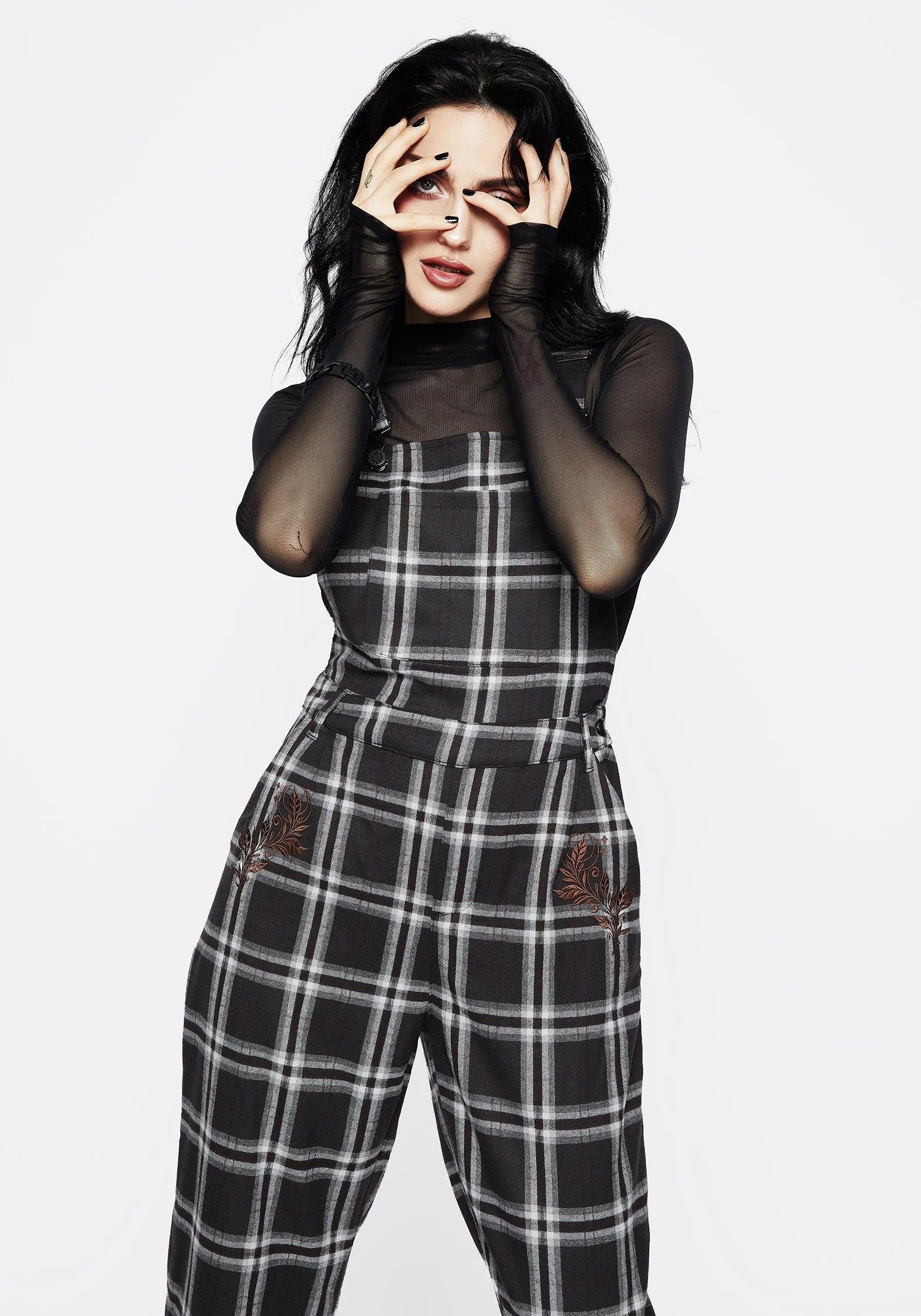 Lightweight Street Holiday Trendy Persimmon Embroidered Check Dungarees