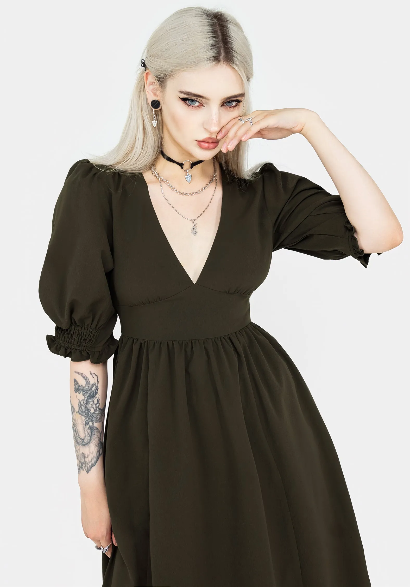 Divination Textured Midi Dress - Green Taxi Line Flowy mid-length piece
