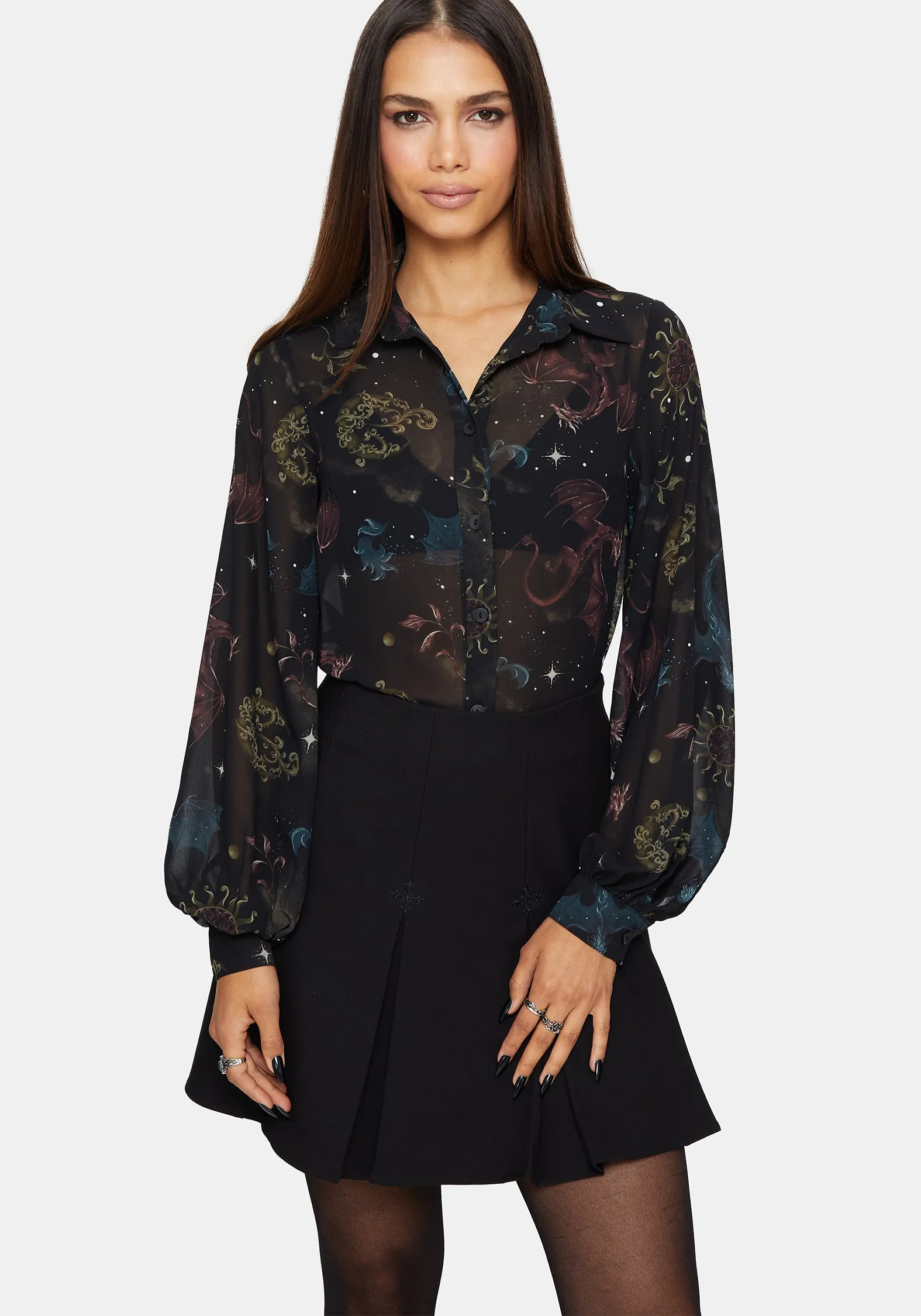 Phoenix Dragon Chiffon Blouse Breathable Underarm Gussets