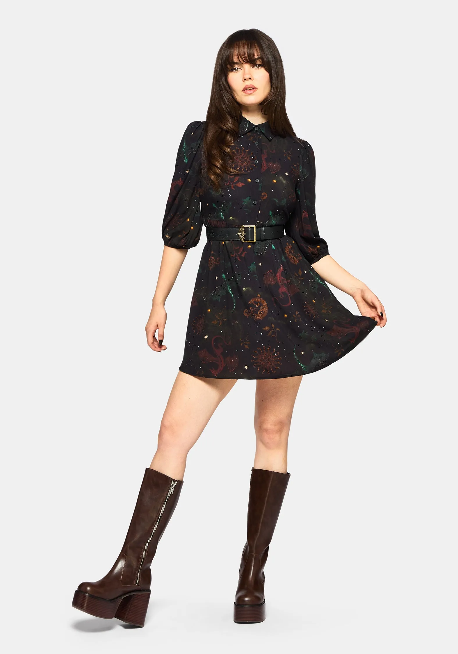 Phoenix Dragon Printed Mini Shirt Dress All Layer Soft Outfit