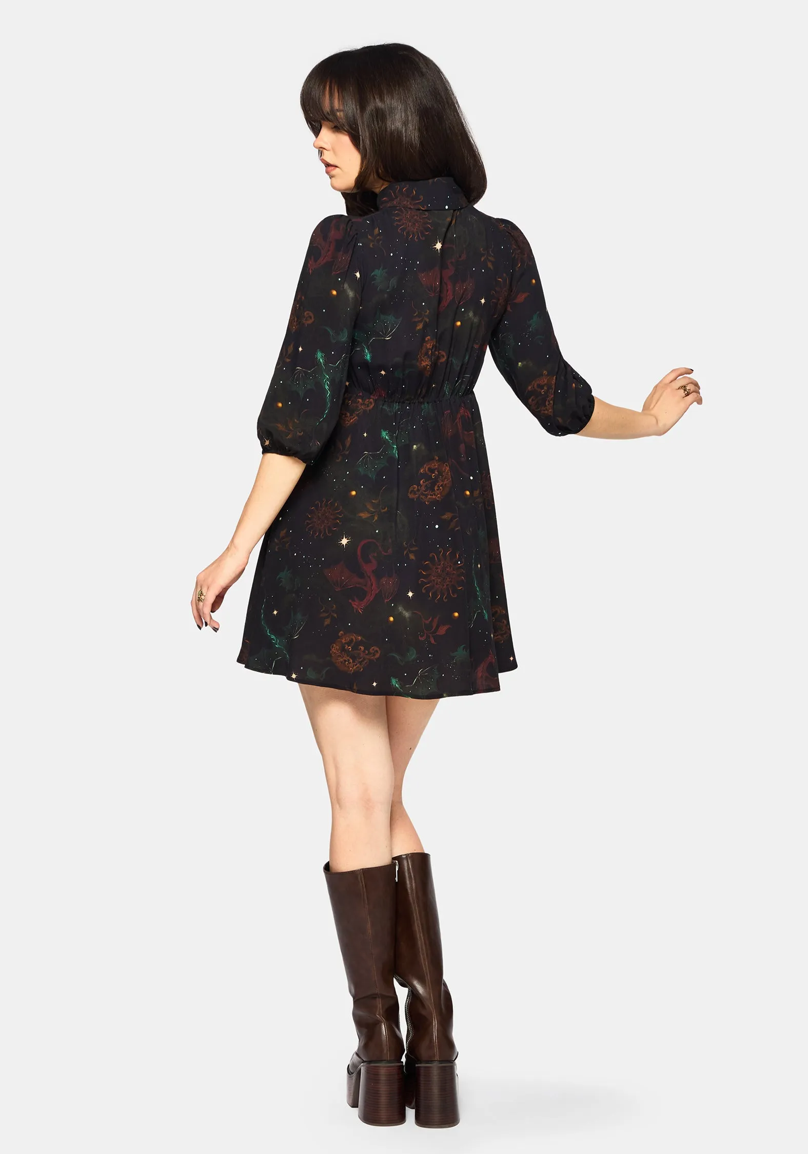 Flexible Comfort All-Season Comfort Phoenix Dragon Printed Mini Shirt Dress