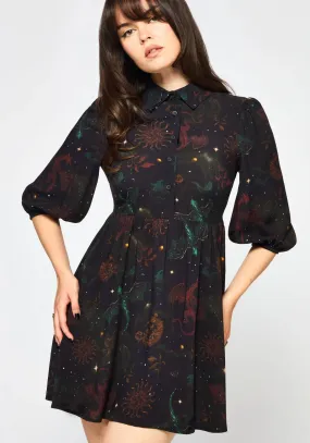 Seam Free Edges Phoenix Dragon Printed Mini Shirt Dress