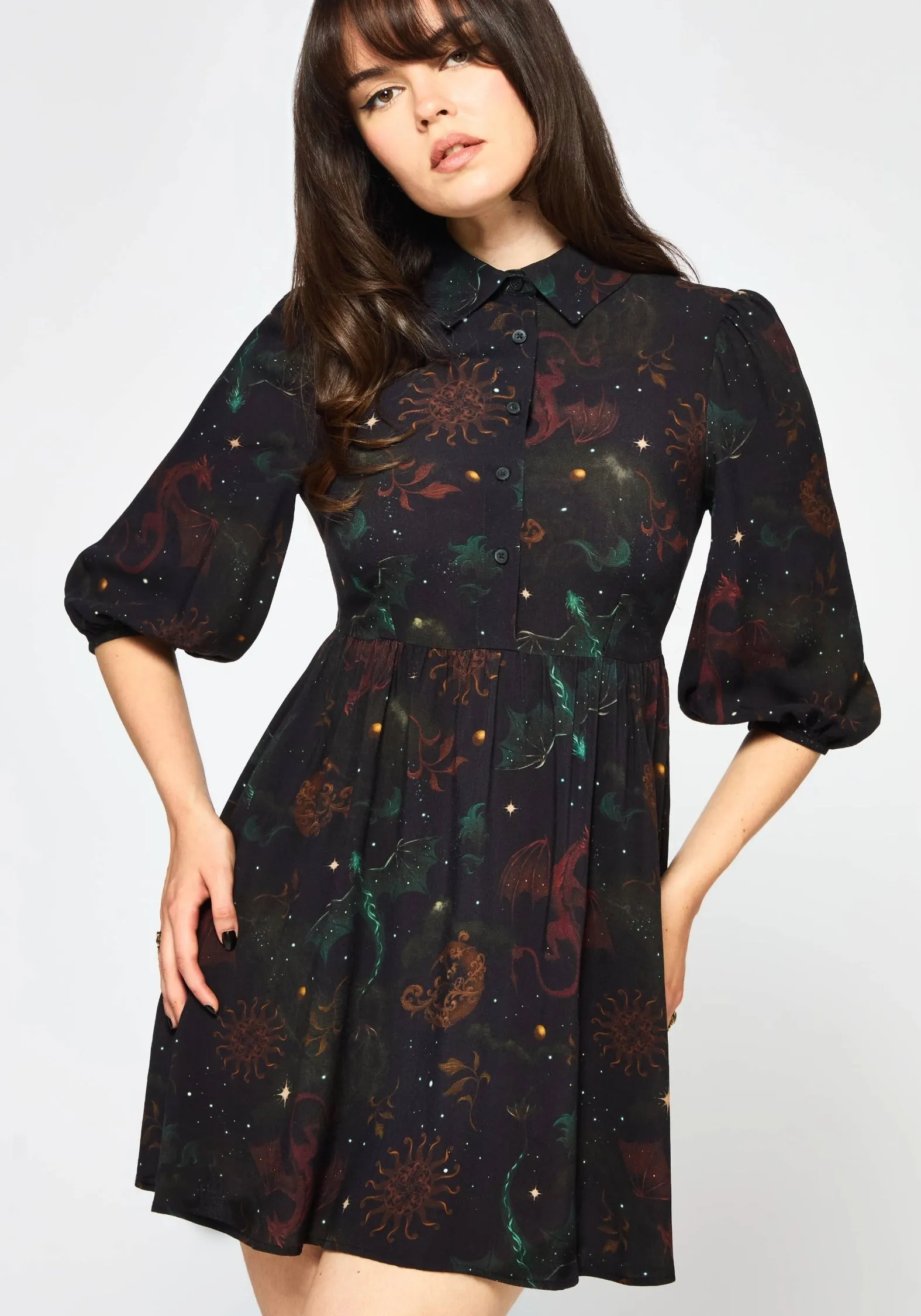 Phoenix Dragon Printed Mini Shirt Dress Sculpted Form Simple Fit