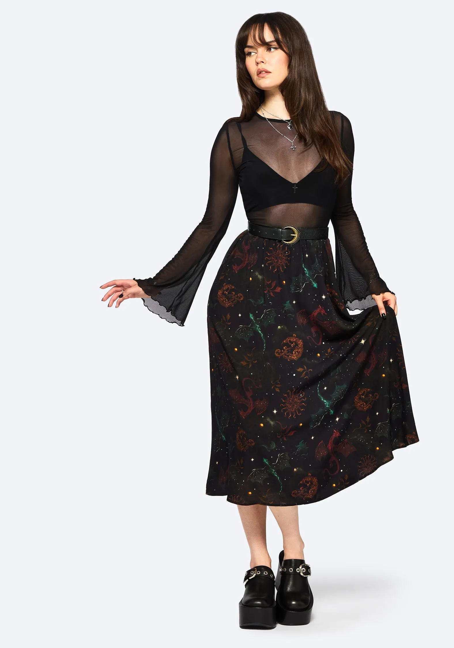 Phoenix Dragon Printed Pleated Midi Skirt Light Flow