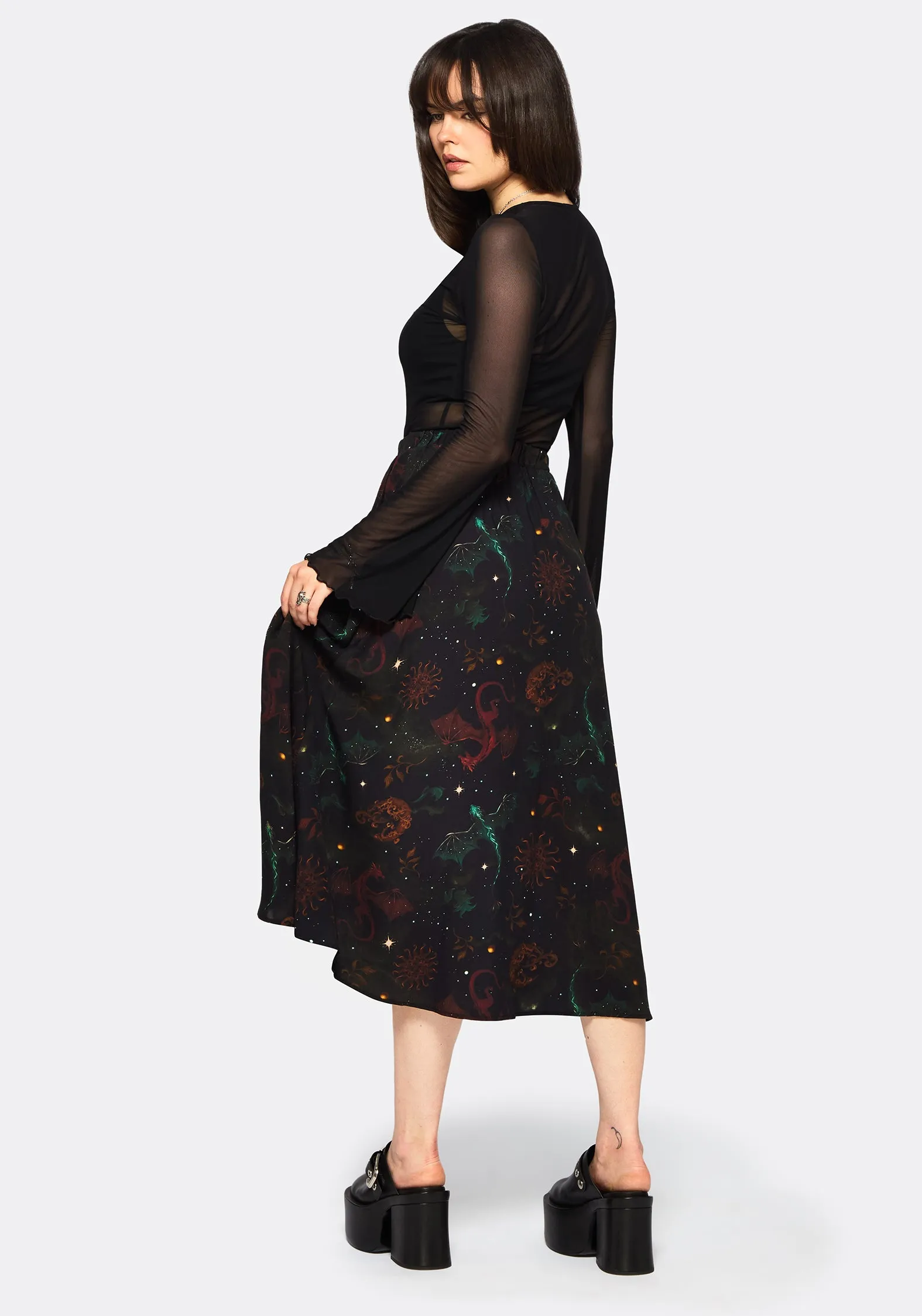 Phoenix Dragon Printed Pleated Midi Skirt Collaboration Piece Streetwear Look