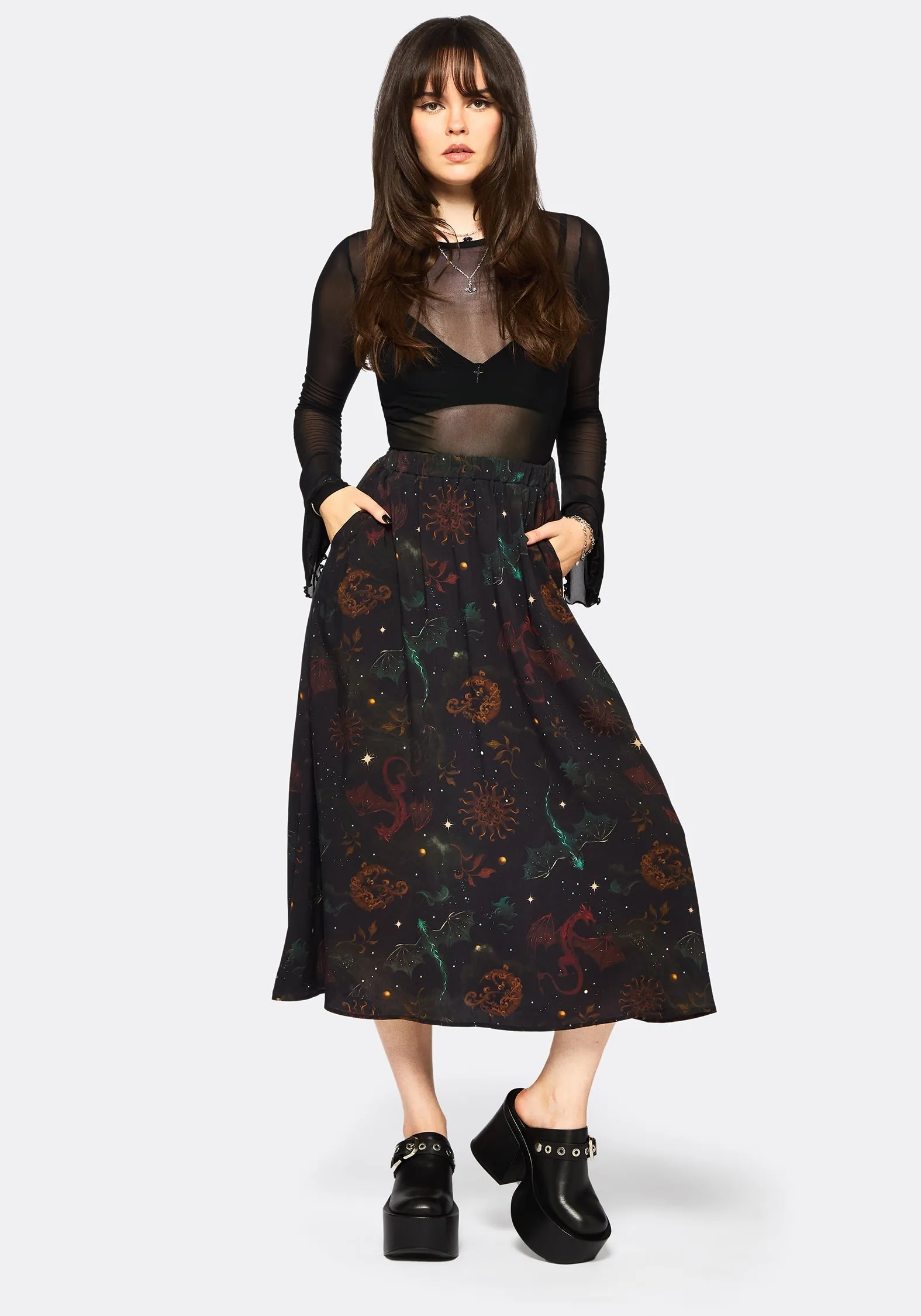 Stretch Fabric Easy Movement Phoenix Dragon Printed Pleated Midi Skirt