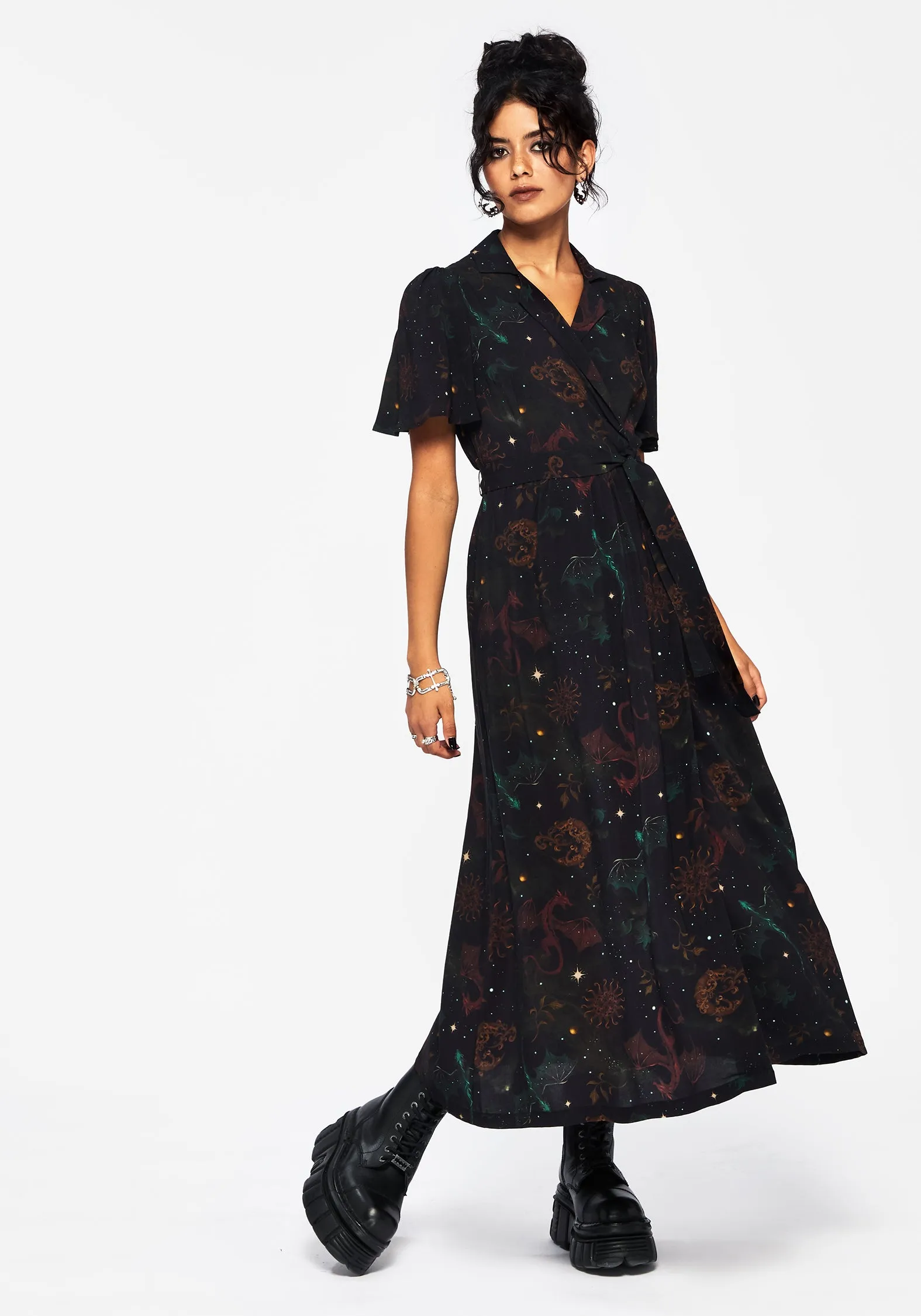 Minimal Cut Breezy Mood Phoenix Dragon Printed Wrap Midaxi Shirt Dress