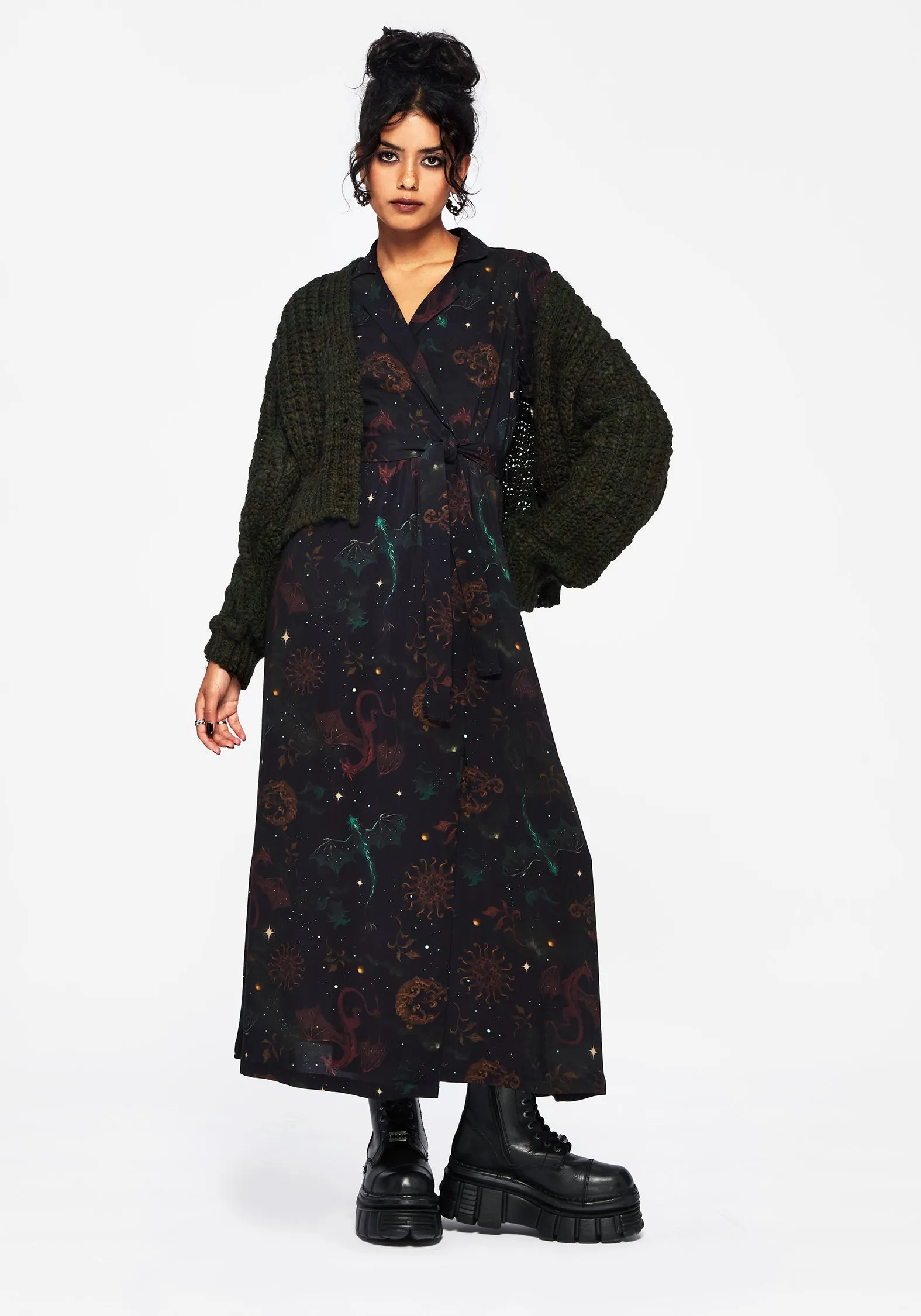 Phoenix Dragon Printed Wrap Midaxi Shirt Dress Comfortable outdoor wear