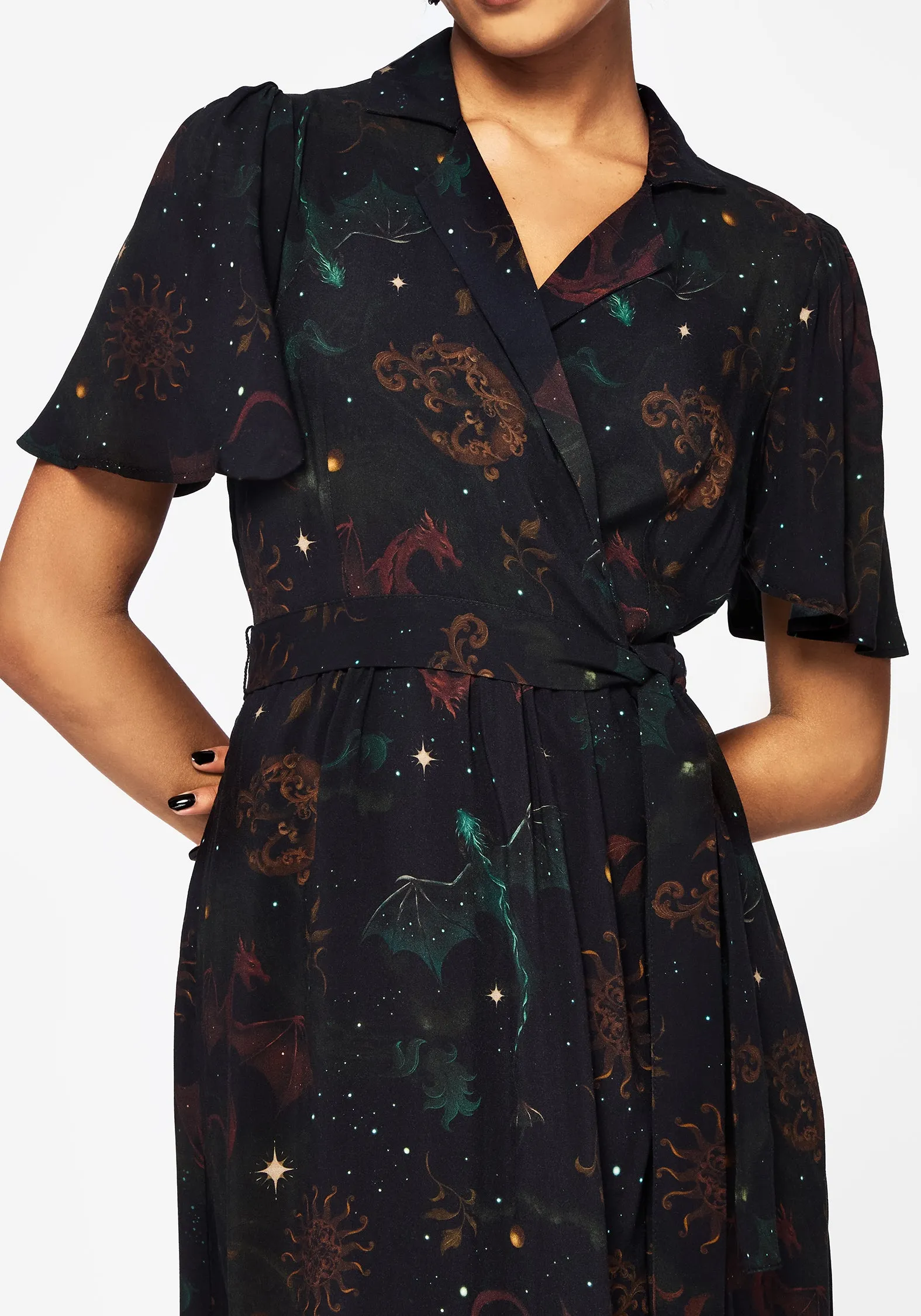 travel mode Scoop-Neck Phoenix Dragon Printed Wrap Midaxi Shirt Dress