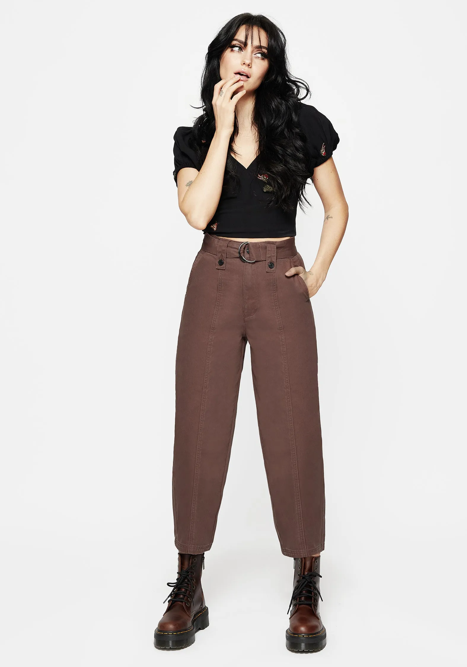 Glamorous Appeal Soft Lining Pinhead Belted Balloon Leg Trousers - Brown