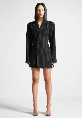 Chic Motion Pinstripe Blazer Dress with Reversible Corset - Black