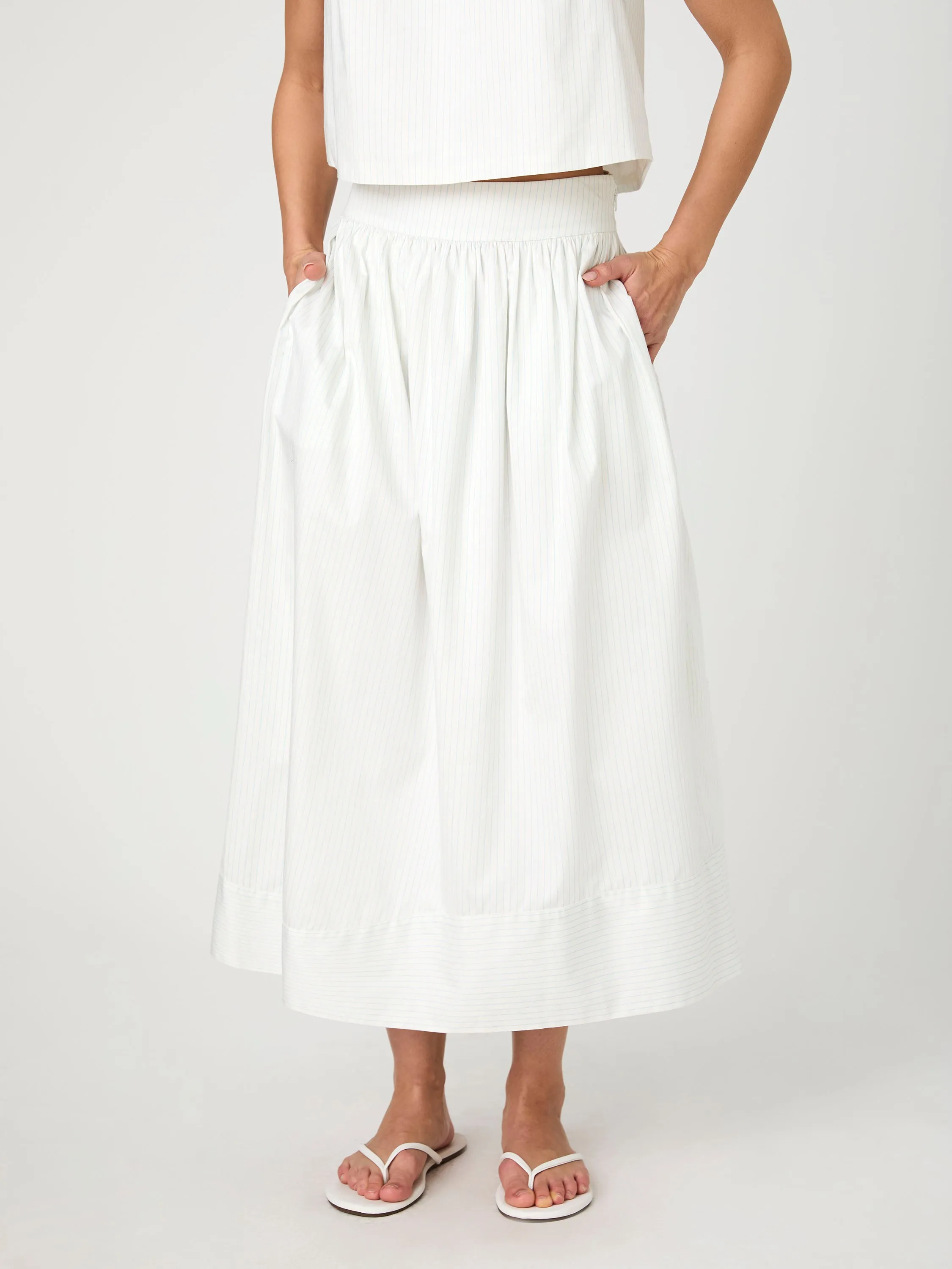 Pinstripe Poplin Midi Skirt beaded embellishment