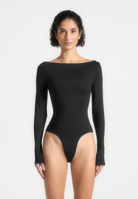 TexturedWeavePattern ??va - Boat Neck Bodysuit - Black