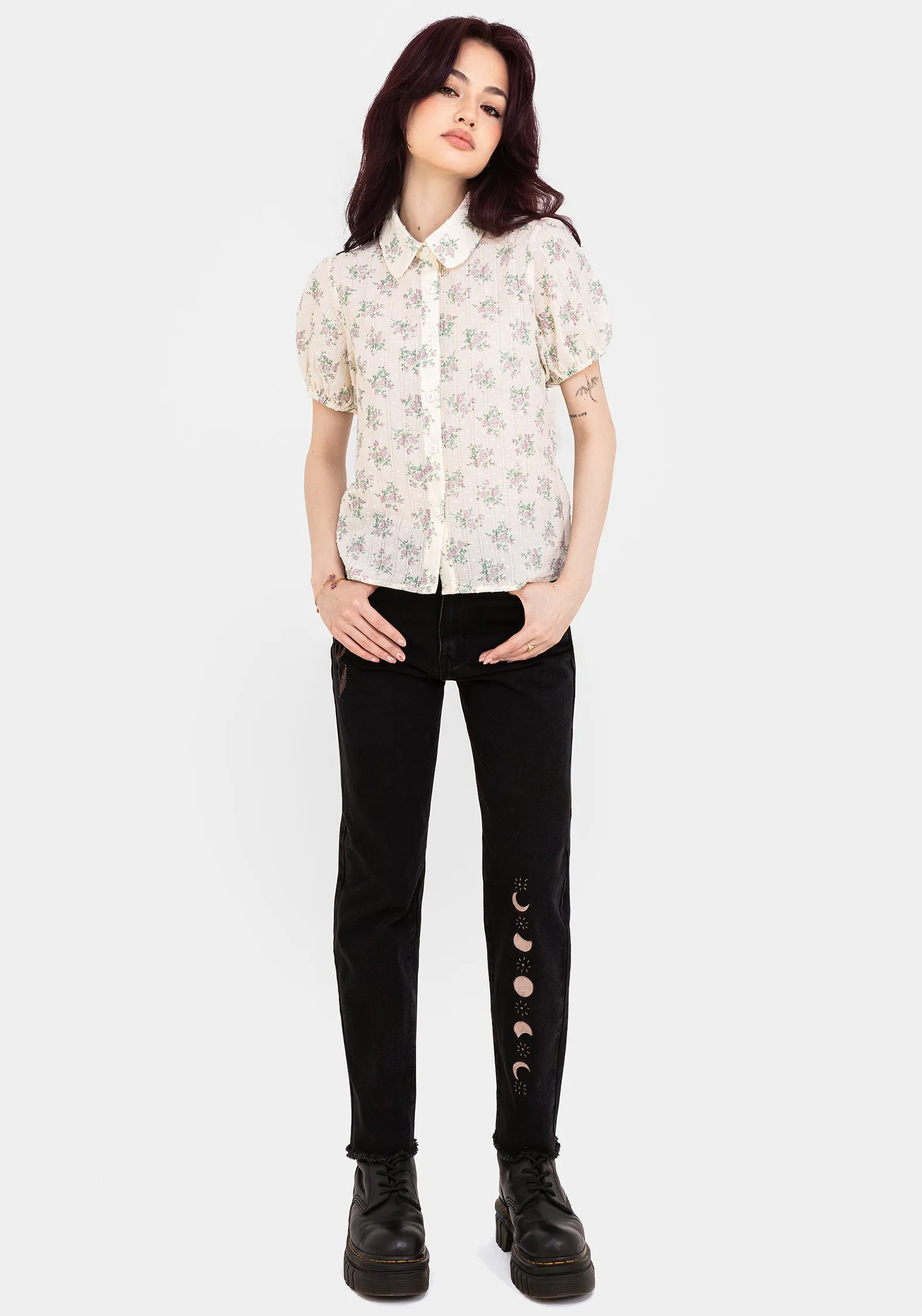 Garment Dyed Finish Stretch Knit Material Pleasance Cotton Puff Sleeve Blouse