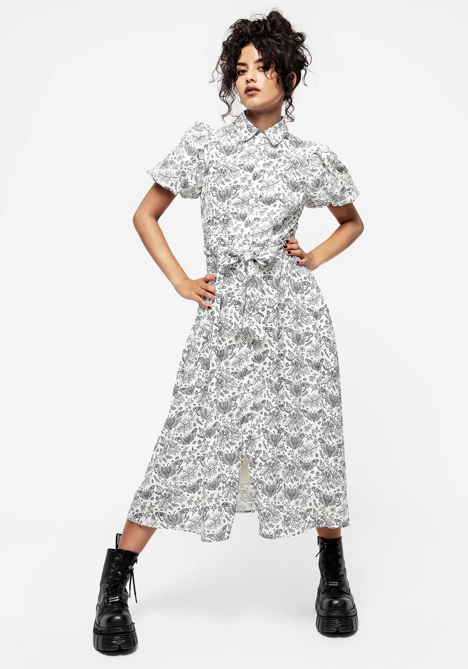 Rosamoth Chiffon Midi Shirt Dress - White Relaxed Fit Natural Tones