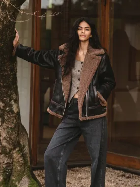 Vegan Shearling Zip Up Jacket Non Bulky Design Notch Lapel