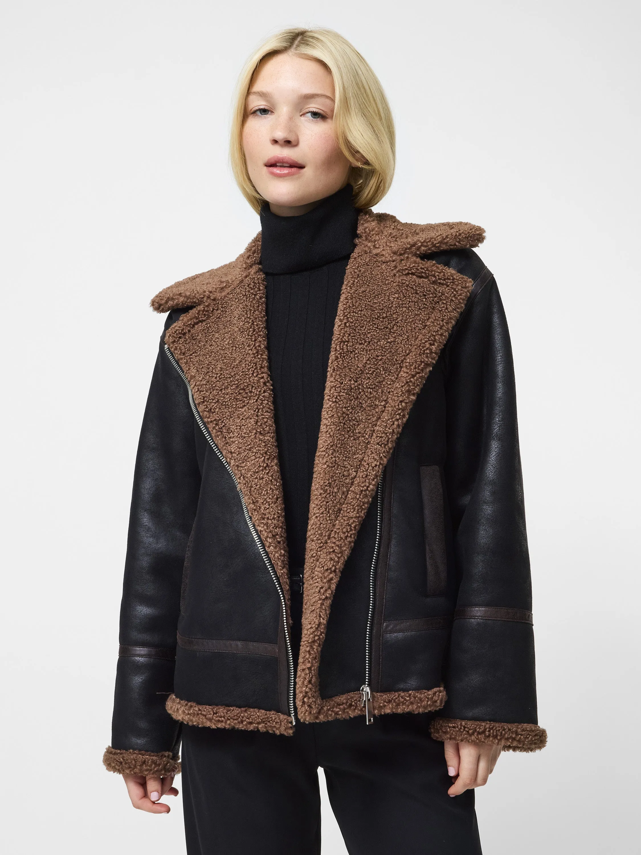 Multi Pocket System Vegan Shearling Zip Up Jacket