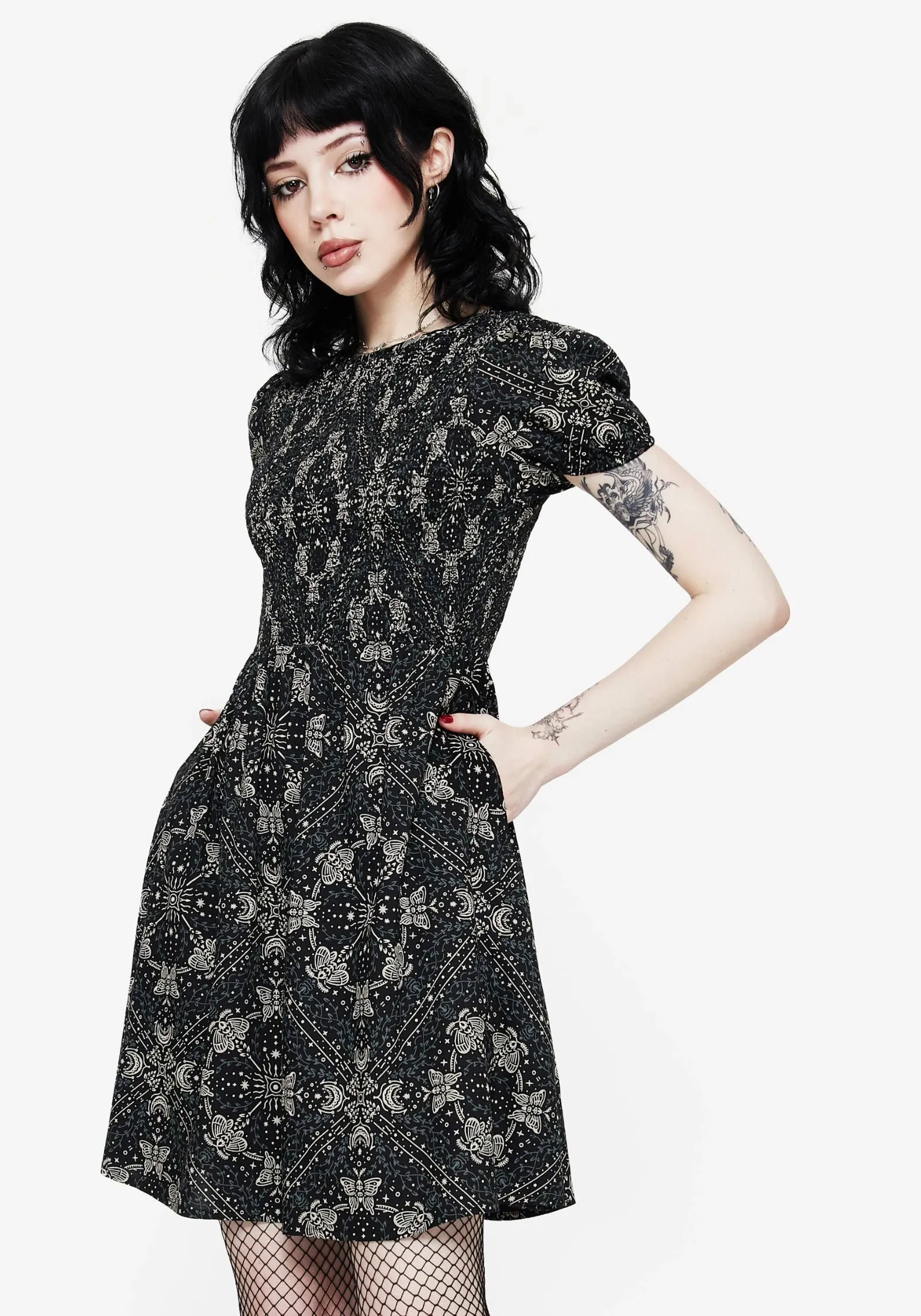 Poem Moth Print Puff Sleeve Mini Dress Snap-Closure