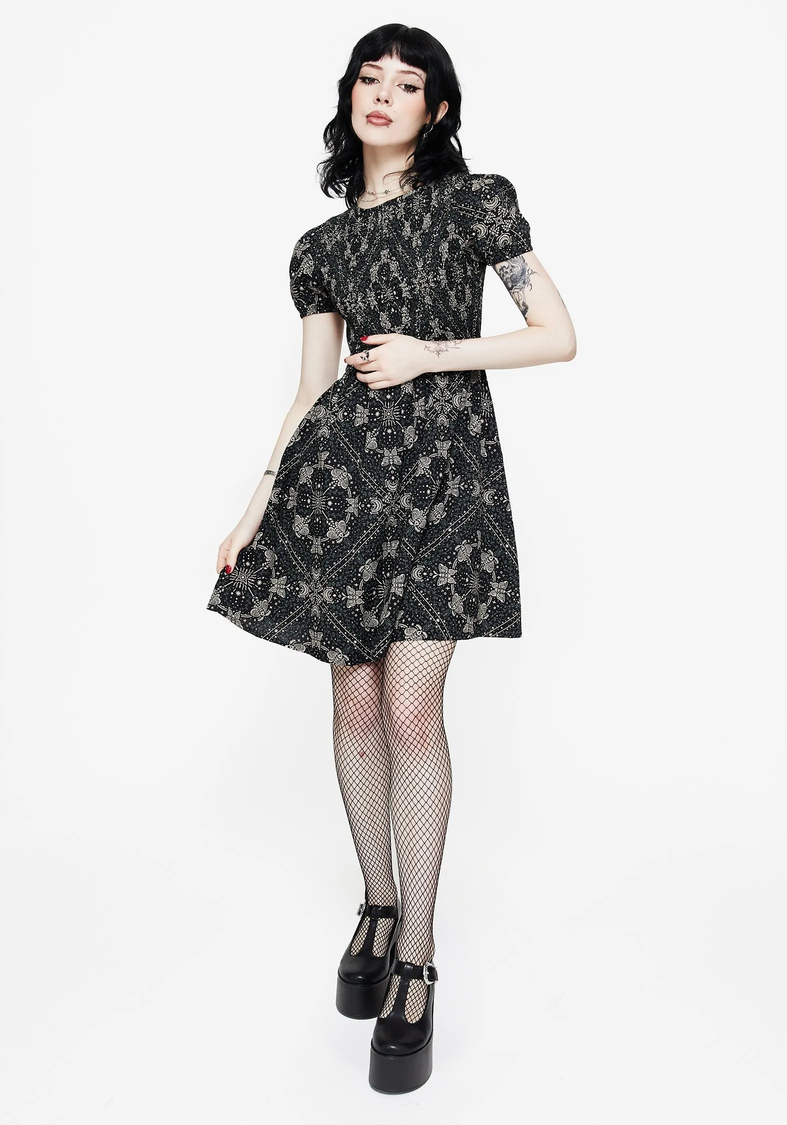Poem Moth Print Puff Sleeve Mini Dress Functional Style