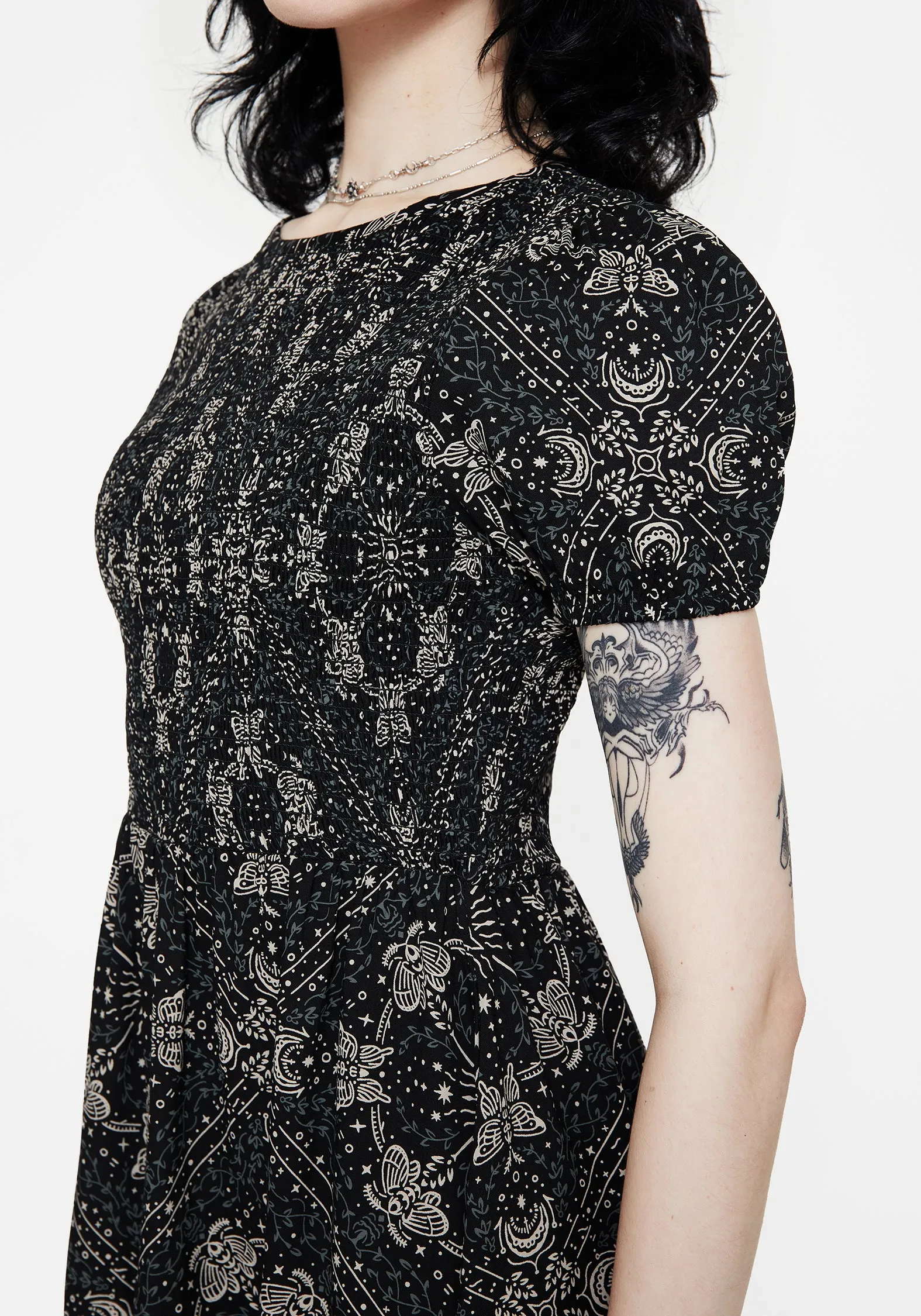 Poem Moth Print Puff Sleeve Mini Dress Calm Tone Slimming Shape