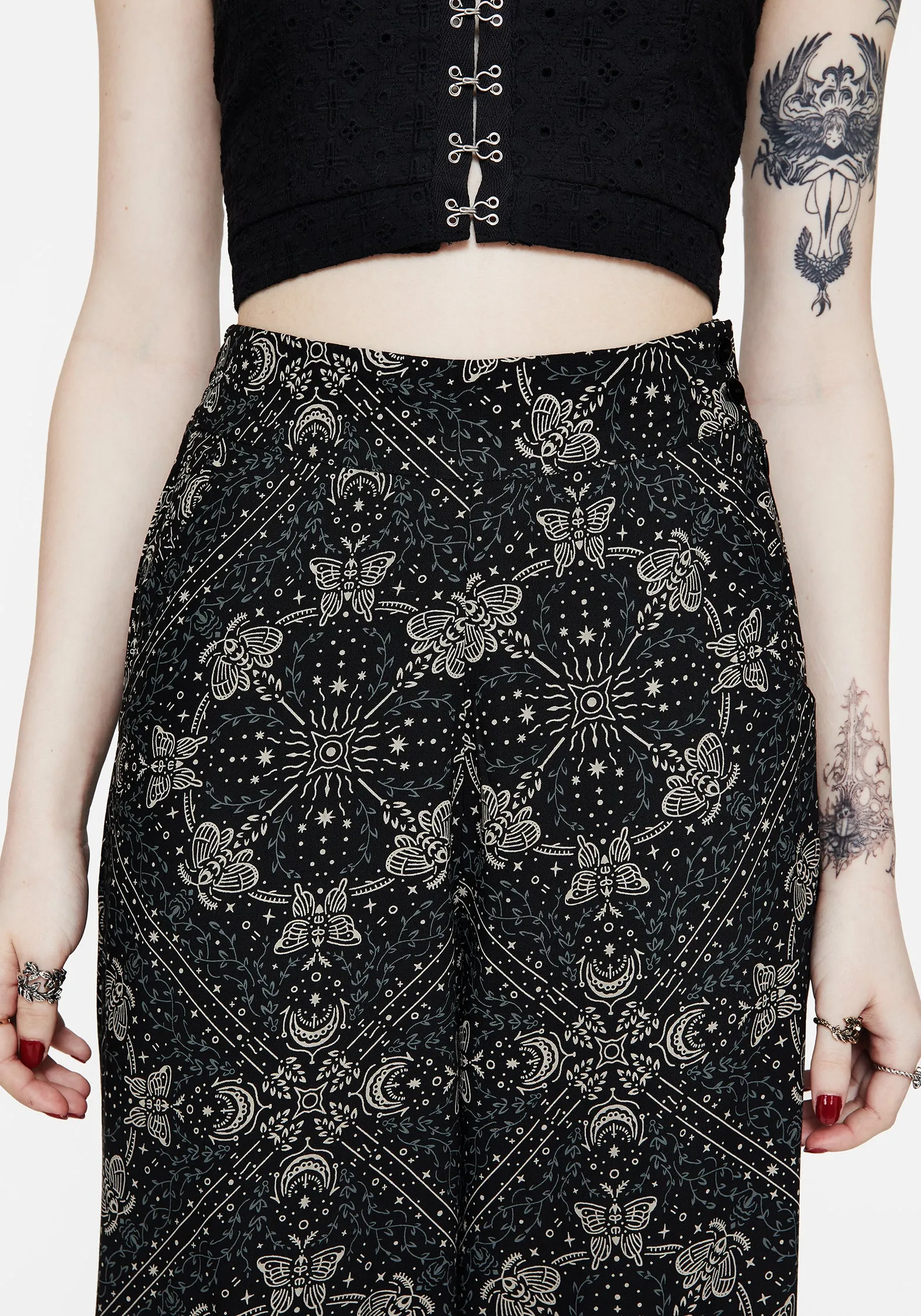 Poem Moth Print Wide Leg Trousers Layer Combo