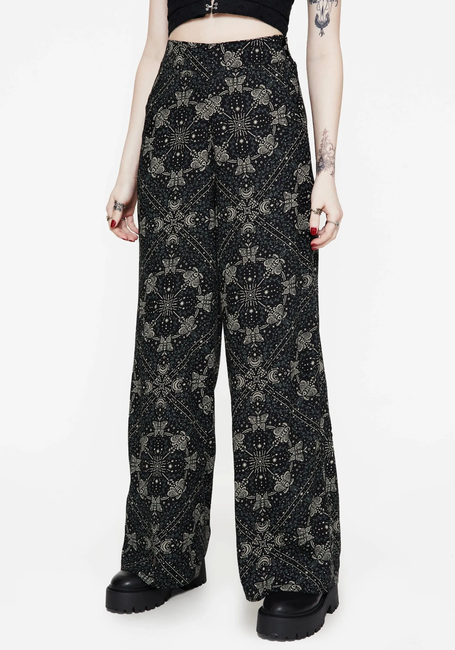 Double Needle Stitching Minimal Edge Poem Moth Print Wide Leg Trousers